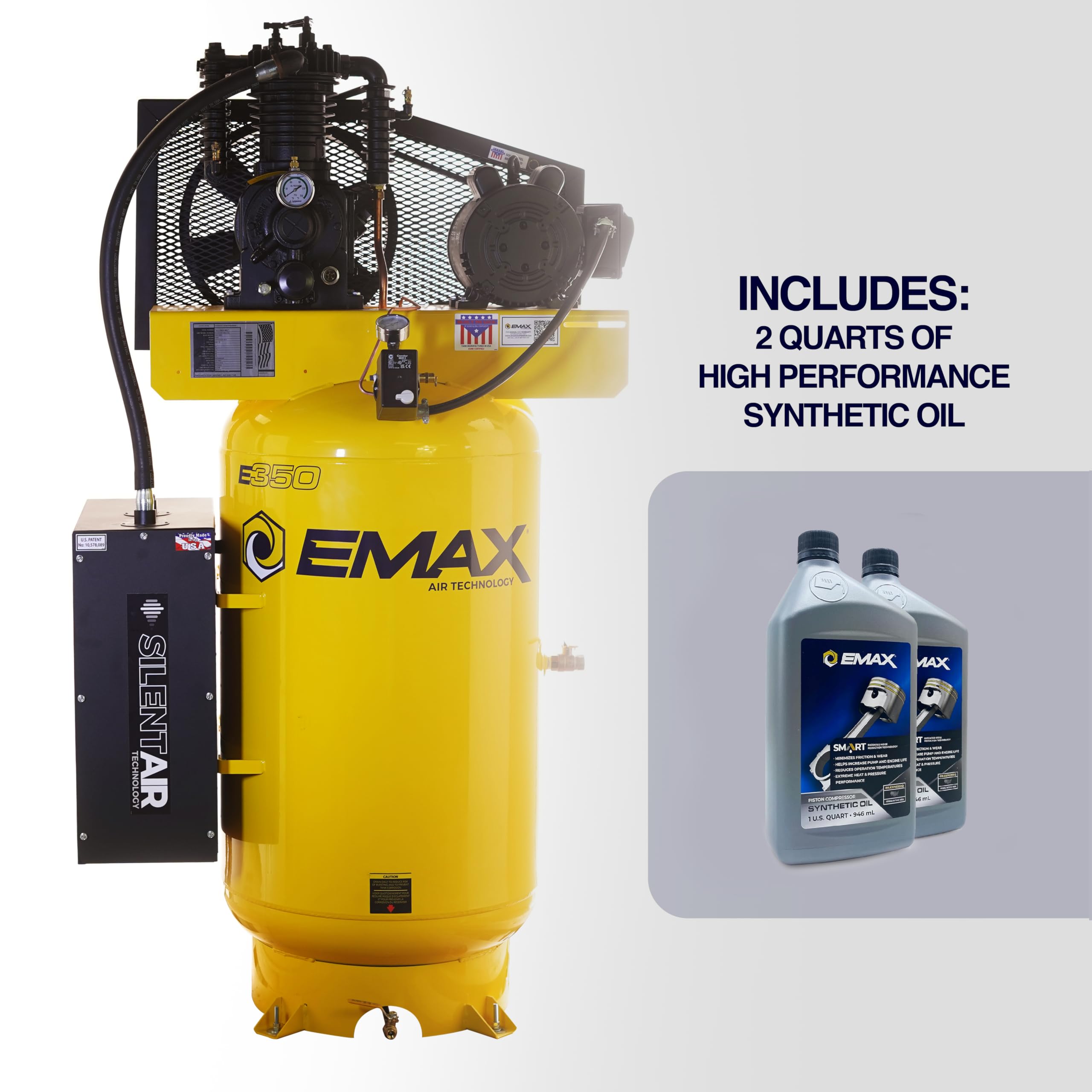 EMAX E350 Air Compressor Stationary - 5HP 80 Gal 2 Stage Silent System with Pressure Lubricated Pump, Includes Oil for First Change - ES05V080I1