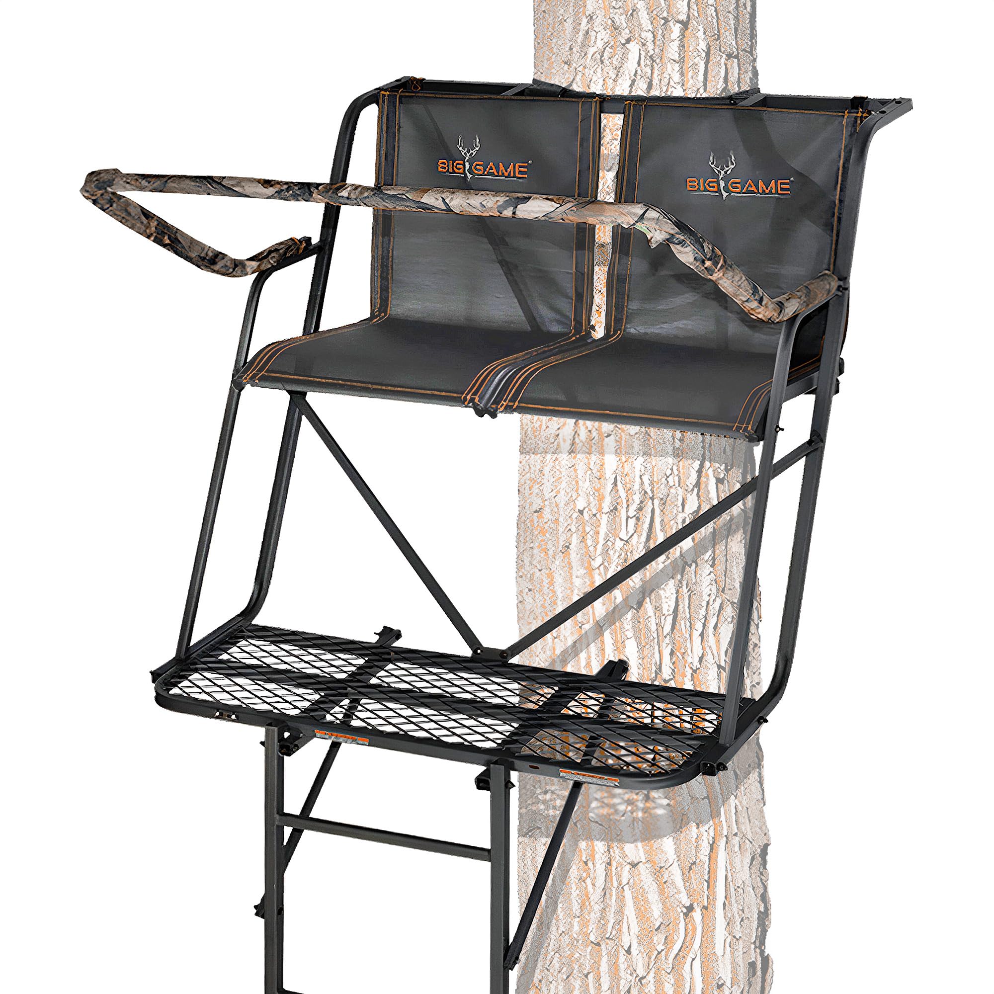 2-Person BIG GAME Ladder Tree Stand for Hunting Deer with Seat, 16' Tall, Camo/Black - Adjustable Climbing Treestand with Platform and Safety Harness for Shooting