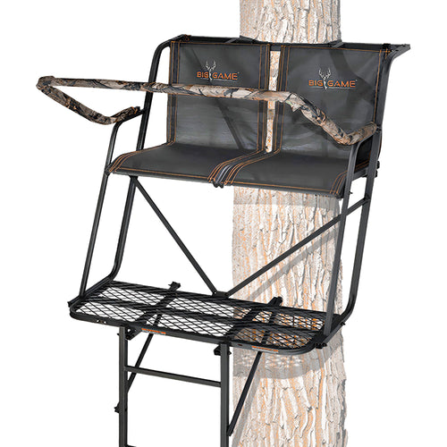 2-Person BIG GAME Ladder Tree Stand for Hunting Deer with Seat, 16' Tall, Camo/Black - Adjustable Climbing Treestand with Platform and Safety Harness for Shooting