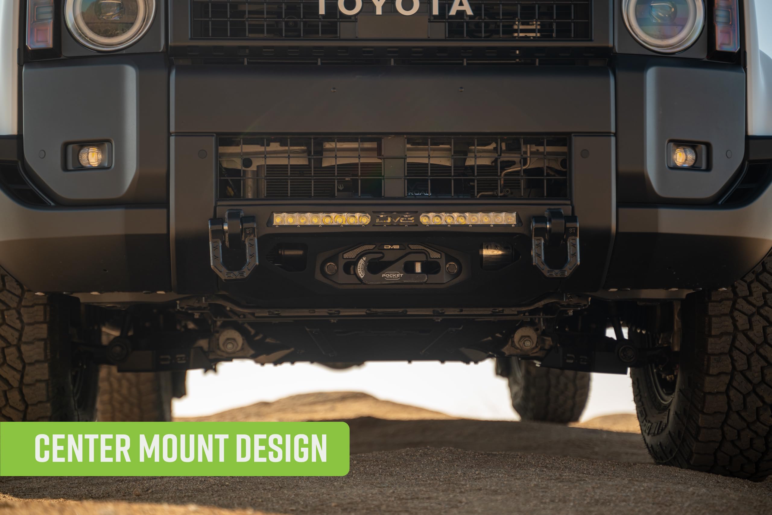 Centric DV8 Offroad Front Bumper for 2024 Toyota Land Cruiser | Center Mount Design | Heavy-Duty Winch Mount | (1) 20" Single Row Light Bar Mount | Pair of D-Ring Mounts | Powder Coated Black | Steel