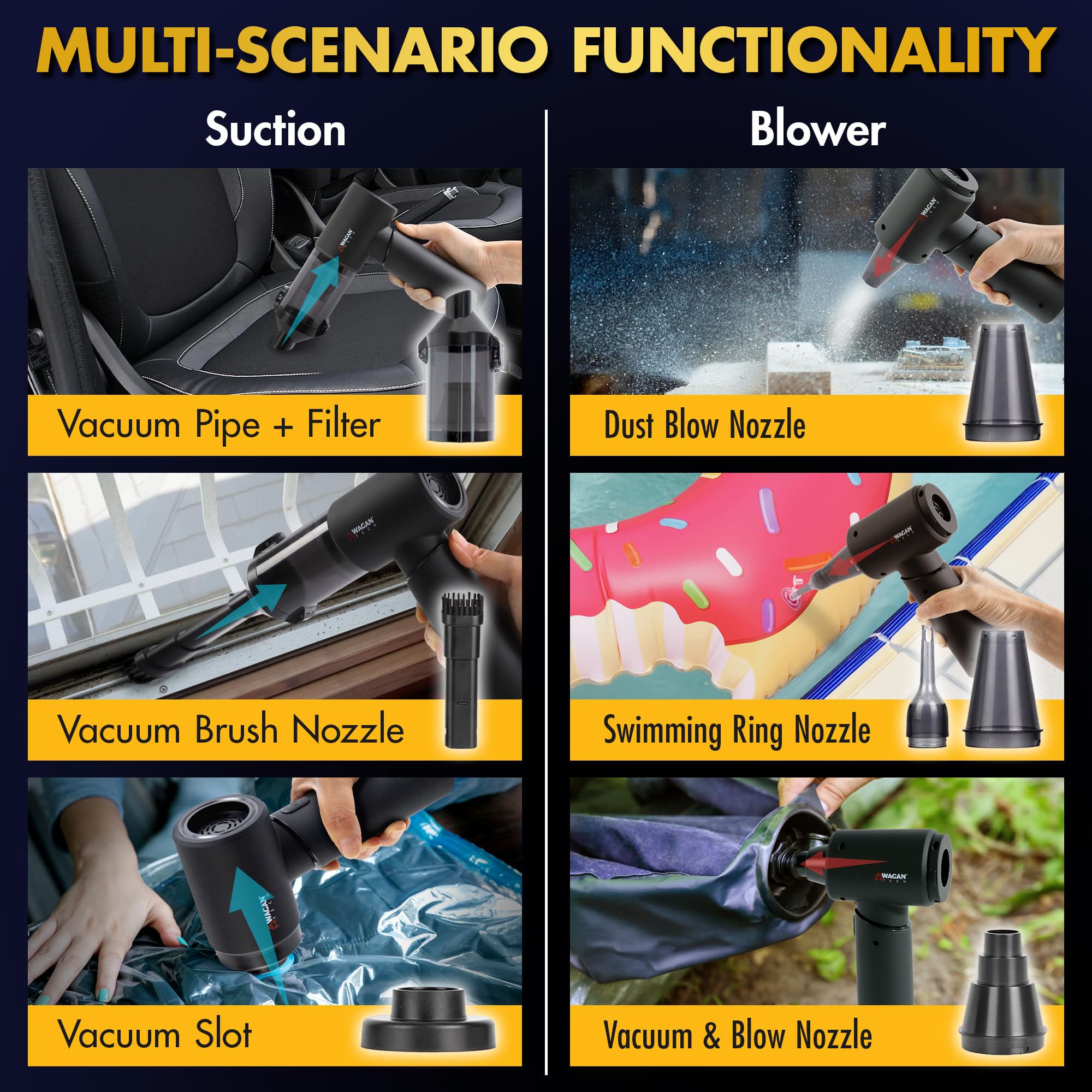 Wagan EL7209 Cordless Vacuum Car with Air Blower, Brushless Motor 16000Pa Strong Suction, Rechargeable Mini Handheld Cleaner with USB-C, Portable Dust and Blower for Car, Home, Office