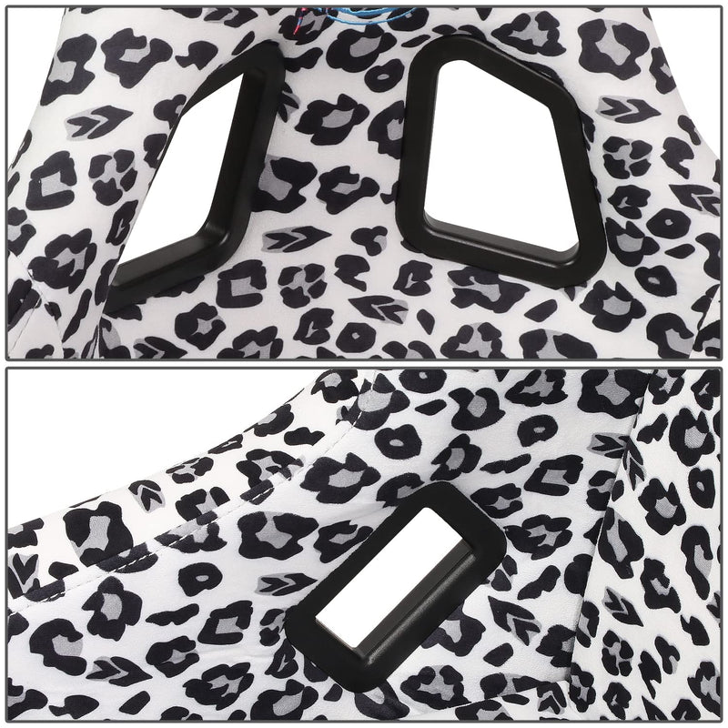 NRG Innovations Prisma Fixed Back Bucket Racing Seat NRG-FRP-302-WT-SAVAGE with Bottom Mount Bracket, White Savage Leopard Print Fabric/White Pearl Back, 24" W X 36" H X 18" D