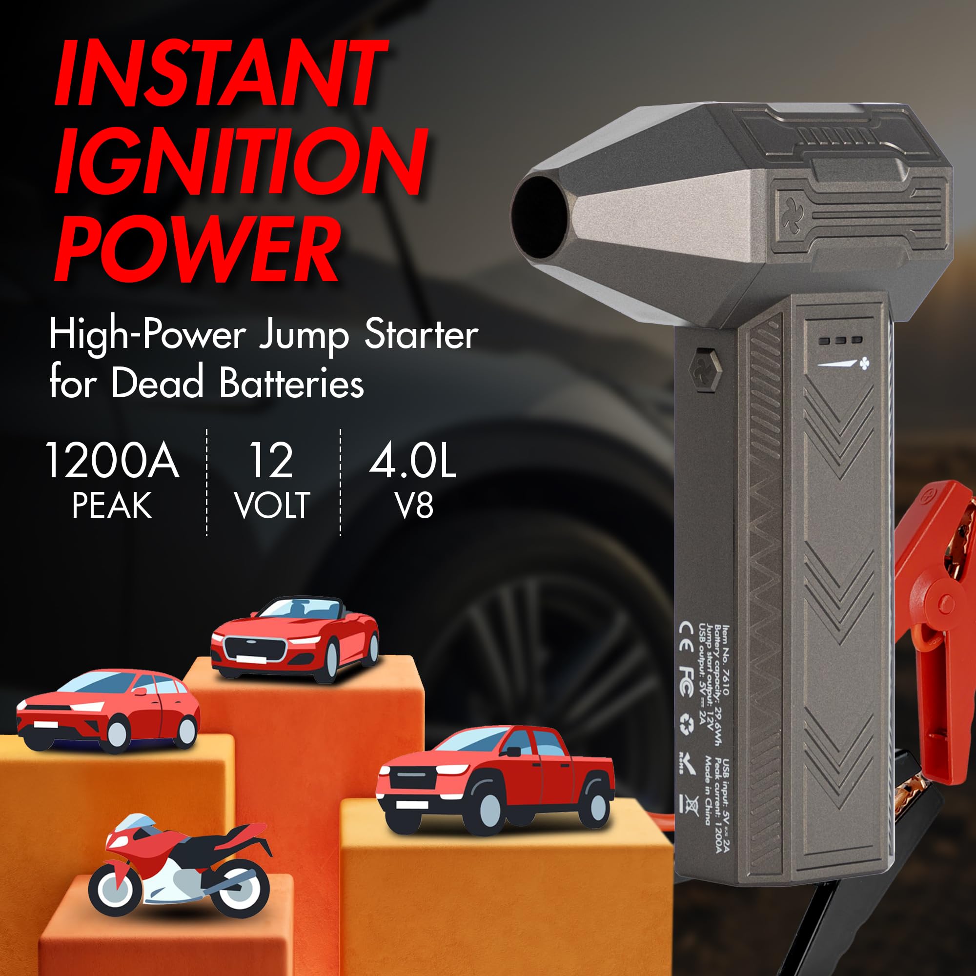 Wagan iOnBoost V8 Jet 1200A Peak Jump Starter with 12V Turbo Air Blower Portable Lithium Car Battery Up to 4.0L V8 or 2.0L Diesel 95,000RPM Cordless Jet Blower Power Bank, for Car Home Use
