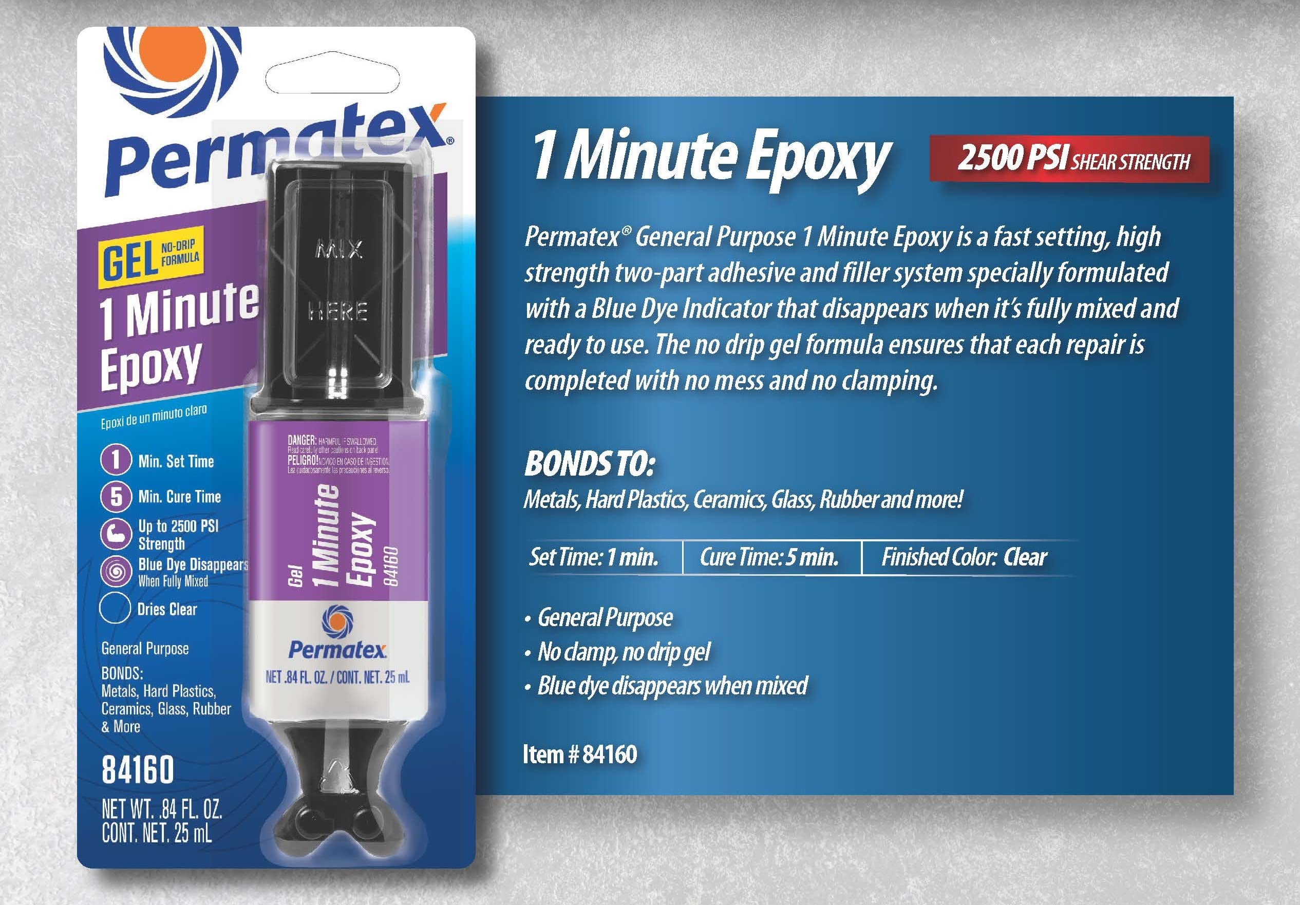 Permatex 84160 1 Minute PermaPoxy General Purpose Epoxy, 0.84 oz., grey