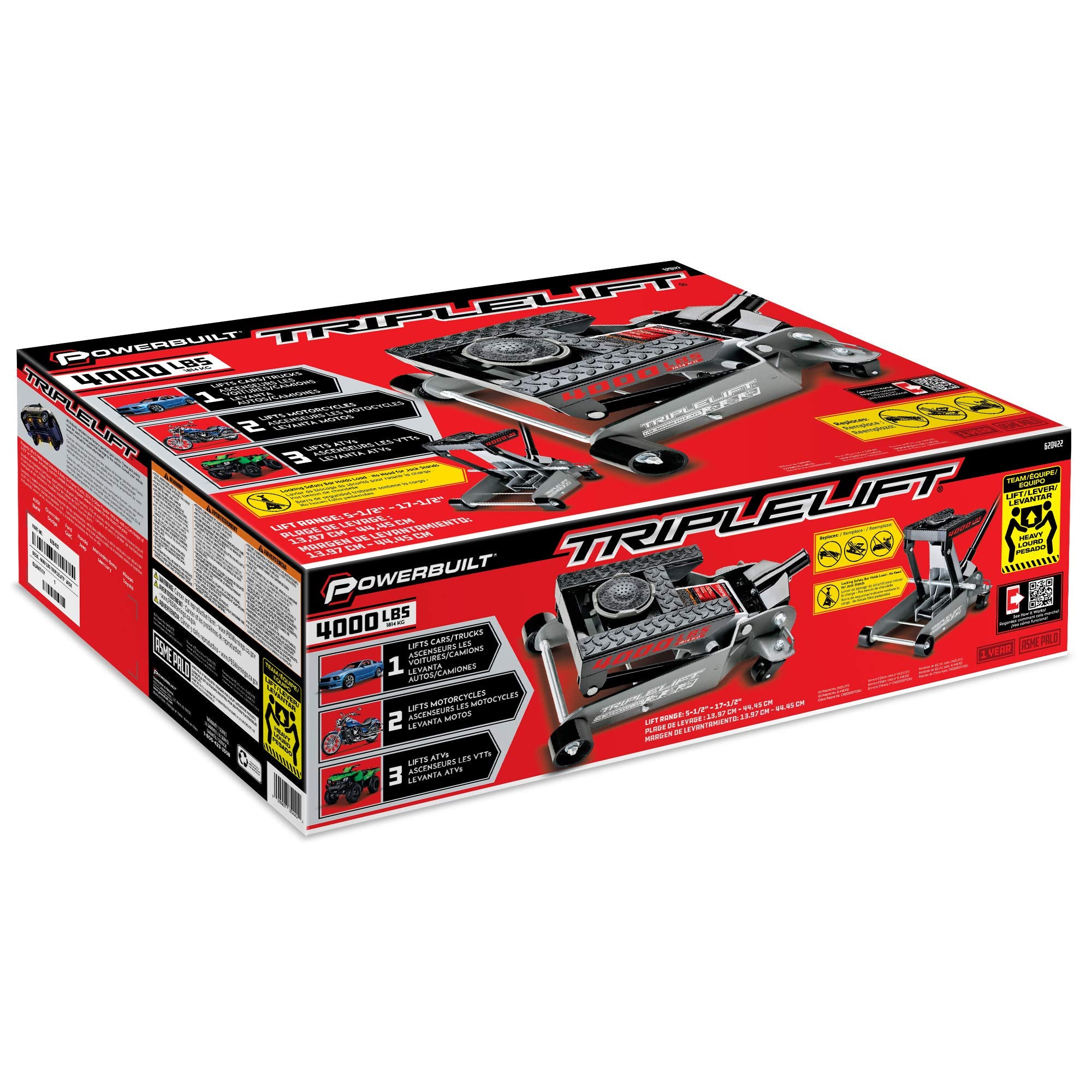 Powerbuilt 2 Ton Floor Jack Triple Lift, Works on Cars, Trucks, Motorcycles, ATV's, Transmissions, 4-3/4 to 17 in. Range, Wide and Stable, Locking Safety Bar - 620422E