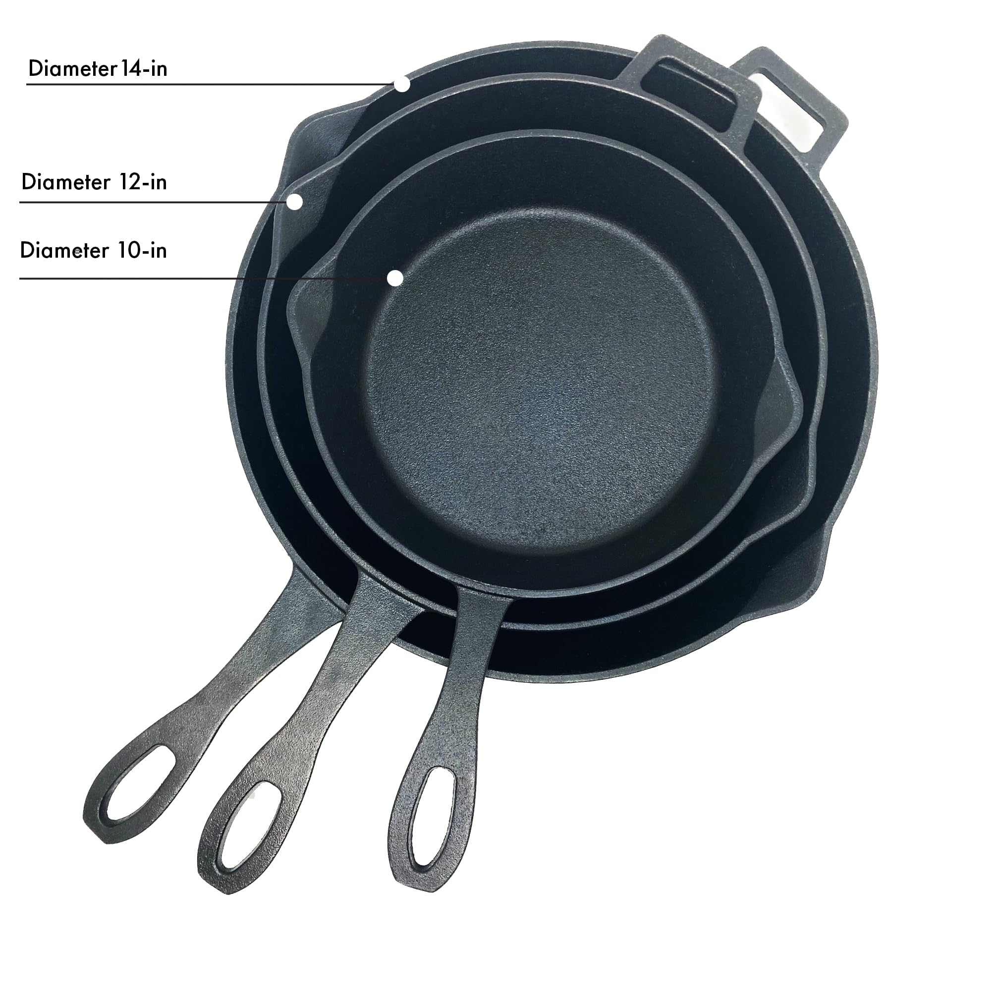 Bayou Classic Pre-Seasoned 10-in 12-in & 14-in Cast Iron Skillet Set Perfect For Searing & Braising or Baking Apple Pies and Cobblers