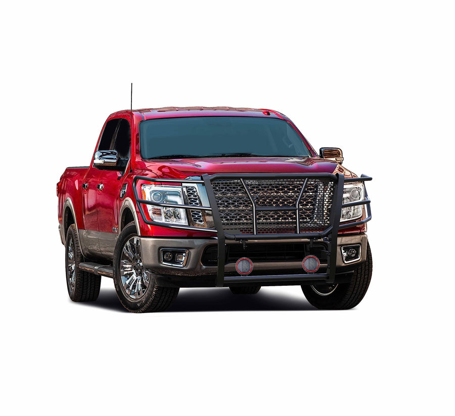 Heavy Duty Black Horse Rugged Grille Brush Bumper Guard Modular Black Come with Pair of 5.3" Dia.LED Lights with Red Trim Rings Compatible with 2017-2024 Nissan Titan-RU-NITI17-B-PLFR