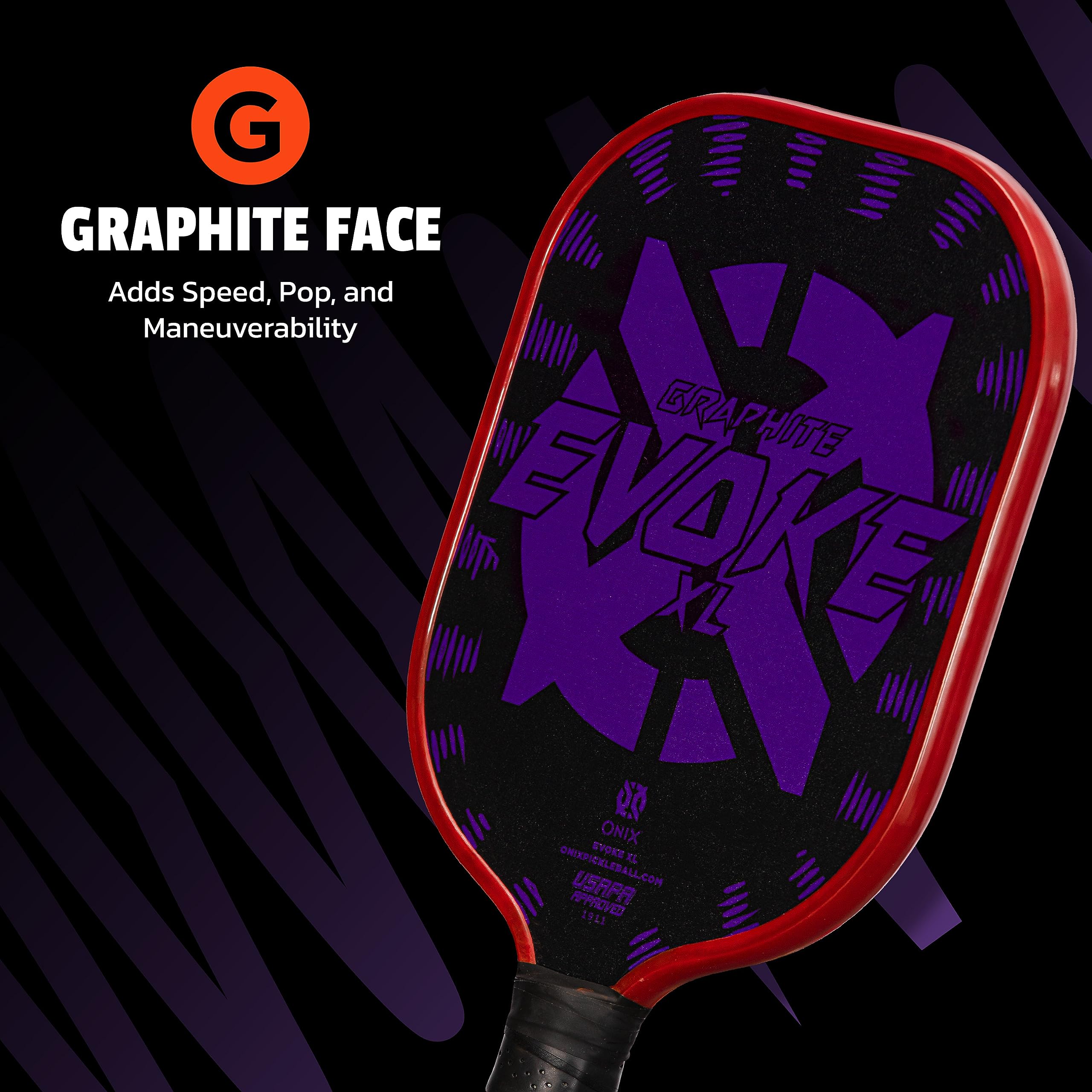 Evoke XL Onix Graphite Pickleball Paddle Features Polypropylene Core, Graphite Face, and Oversized Shape, Purple