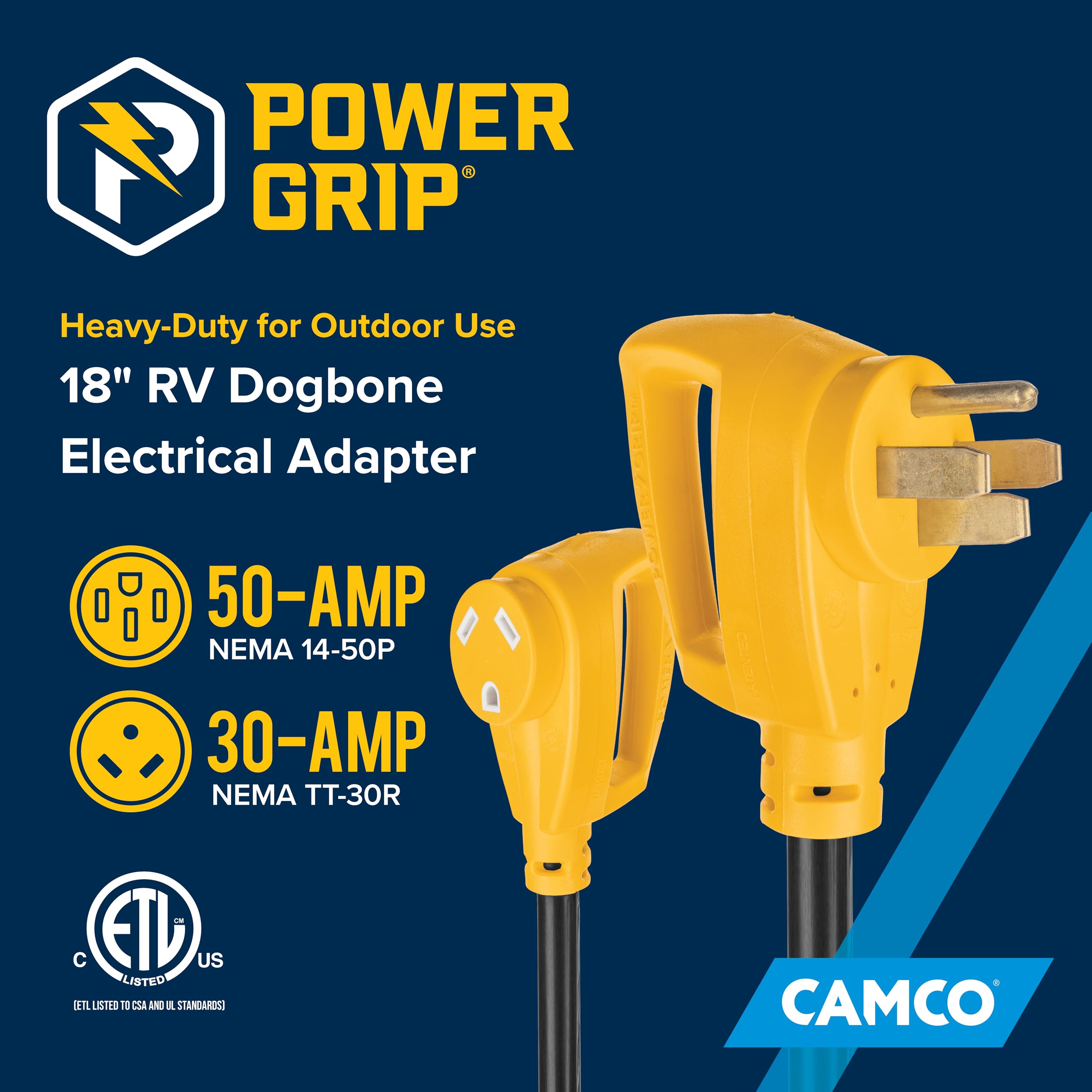 Camco PowerGrip RV Electrical Adapter Dogbone - Features Heavy-Duty 50-Amp Male and 30-Amp Female Connections - Crafted of 100% Copper 10/3-Gauge Wires & Rated for 125V/3750W (55175)