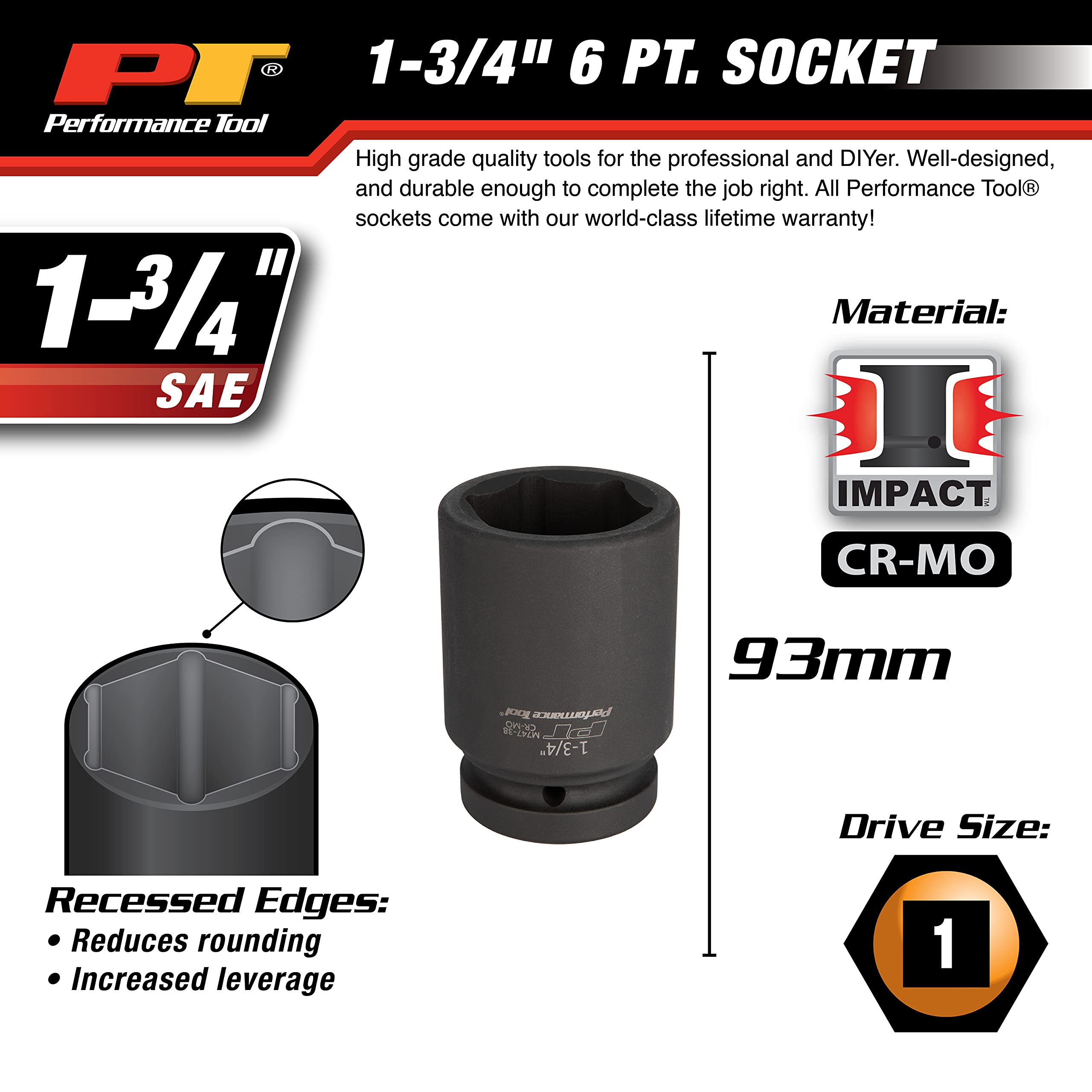 M747-38 Performance Tool 1 in. Drive 1-3/4 in. Deep Wall Socket - Heavy Duty Impact Socket for High Performance Automotive and Industrial Applications