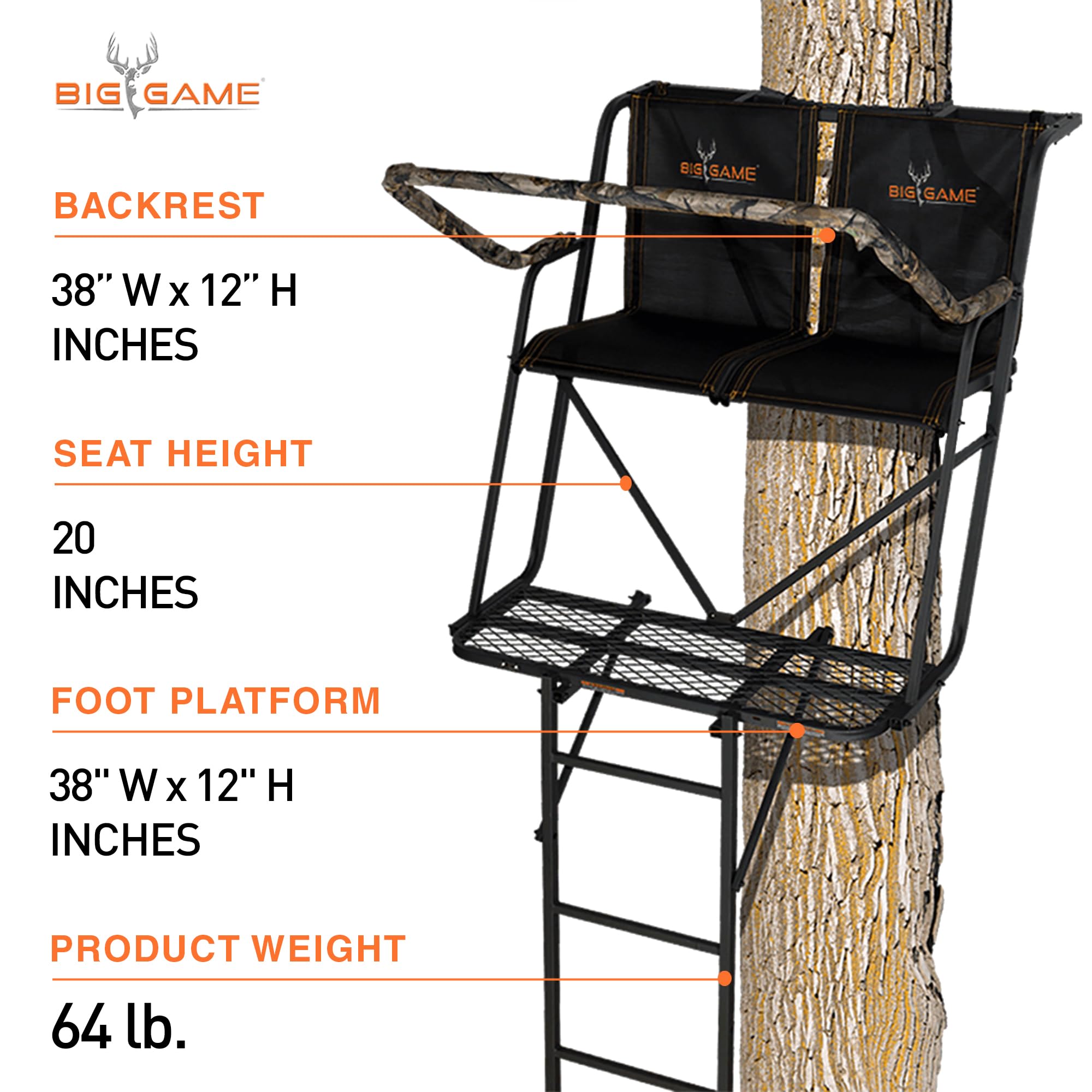 2-Person BIG GAME Ladder Tree Stand for Hunting Deer with Seat, 16' Tall, Camo/Black - Adjustable Climbing Treestand with Platform and Safety Harness for Shooting