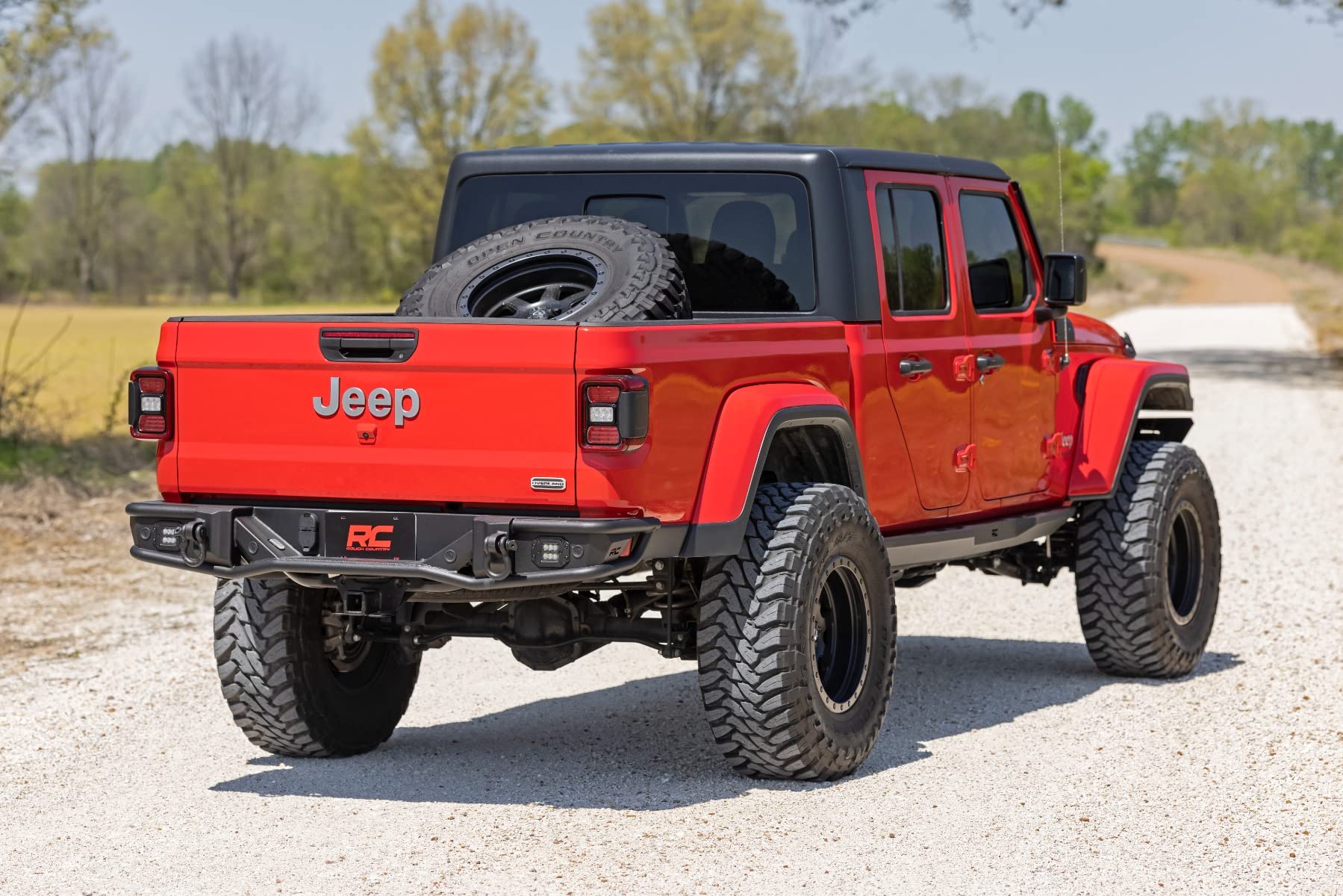 Rough Country Rear Bumper Tubular with LED Lights for Jeep Gladiator JT (2020-2025) - Includes D-Rings & Dual 2" Black Series LED Pods, No-Drill Install