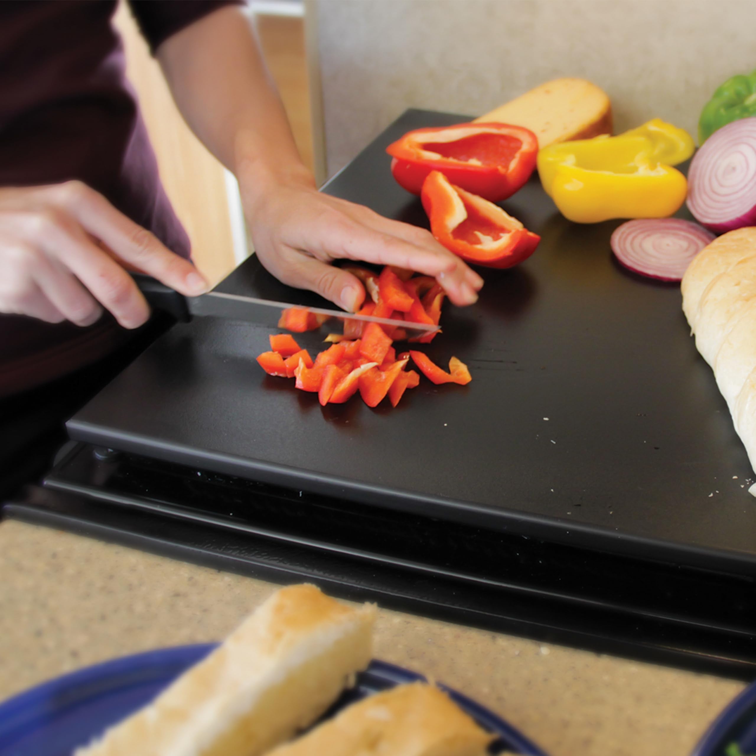 Camco RV Stove Topper & Cutting Board Decor Mate – Black, Non-Skid, Durable Polyethylene – Adds Counter Space & Eliminates Rattling – 17" x 19.5" x 0.5" (43704)