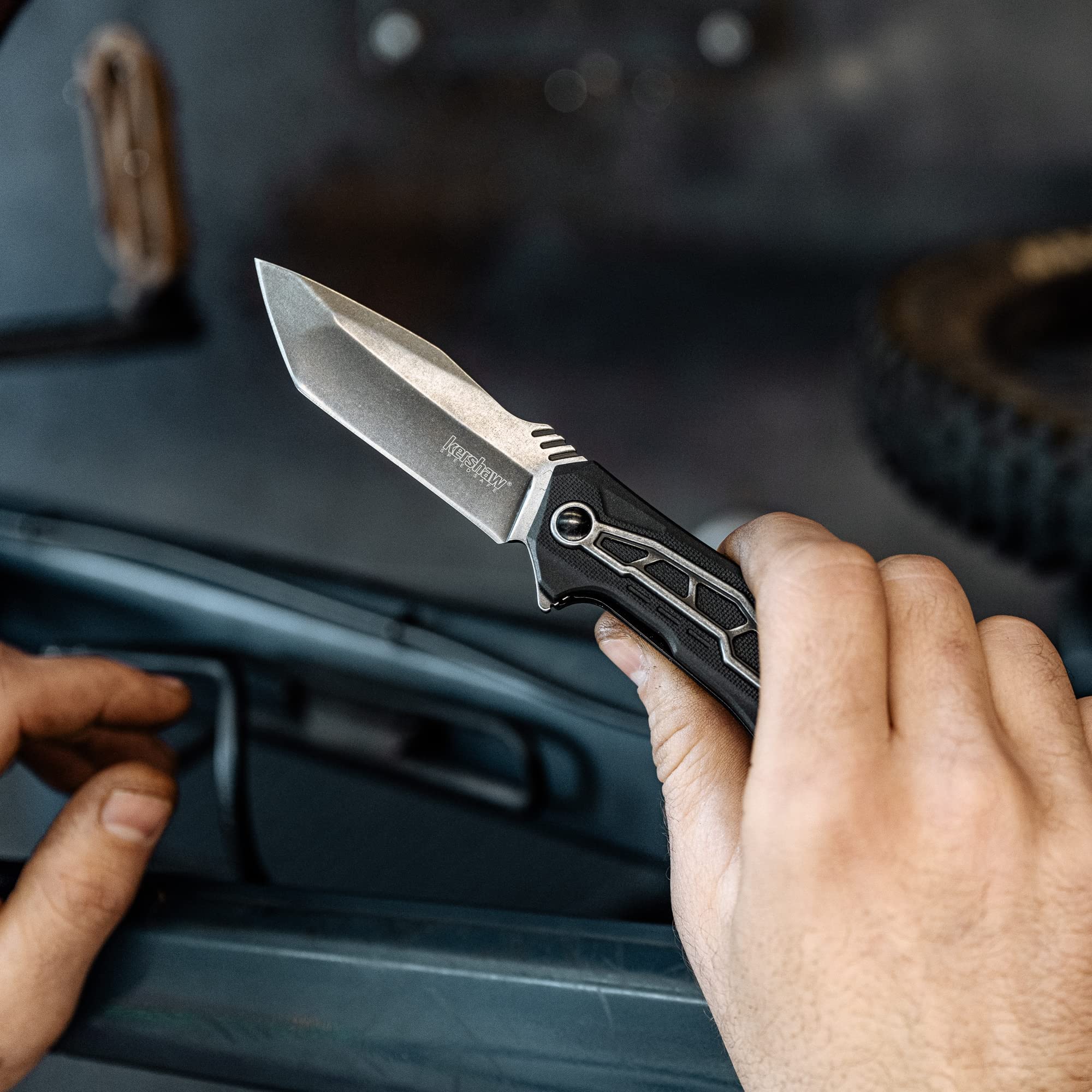Kershaw Pocket Knife Flatbed, Black 3.125 inch Blade with SpeedSafe Opening Mechanism, Glass Filled Nylon Handle with Liner Lock and Pocketclip