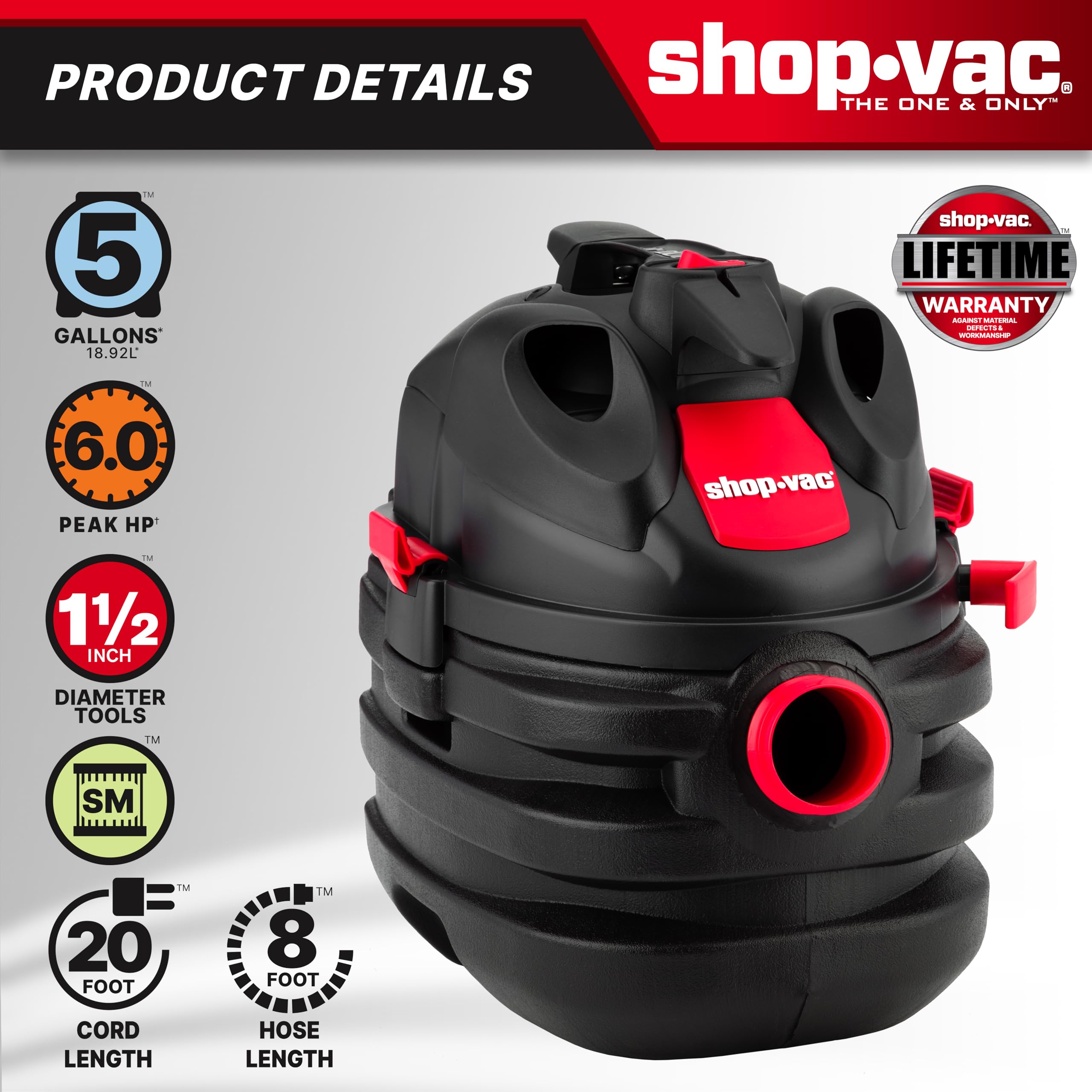 5 Gallon Shop-Vac 6.0 Peak HP Portable Wet/Dry Vacuum, 1-1/2 Inch Diameter x 8 Foot Hose, 20 Foot Cord, Ideal for Jobsite, Garage, Workshop & Home