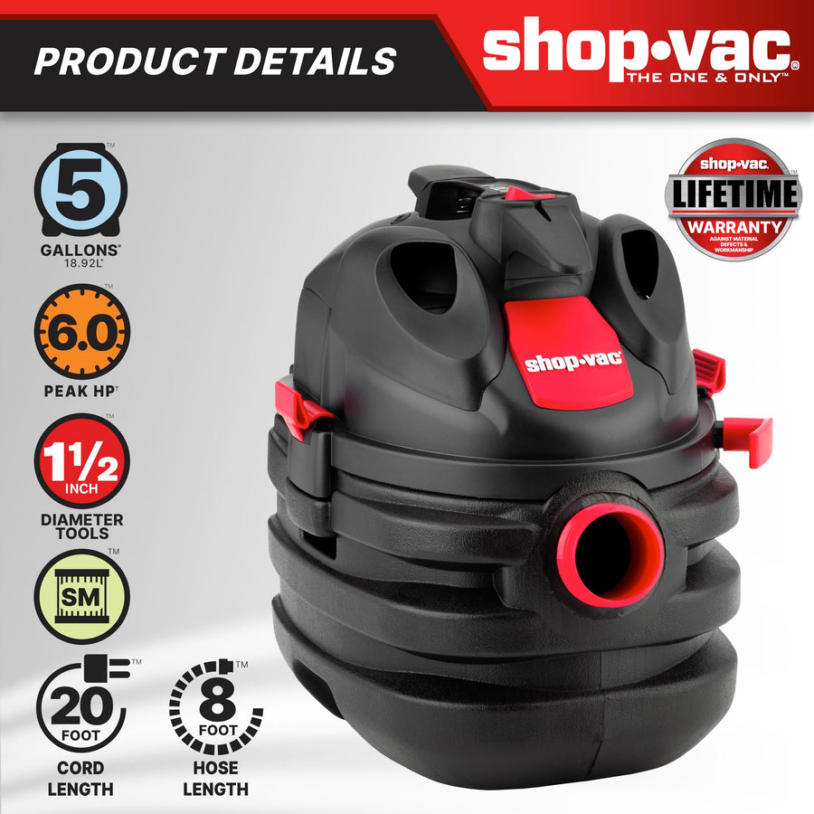5 Gallon Shop-Vac 6.0 Peak HP Portable Wet/Dry Vacuum, 1-1/2 Inch Diameter x 8 Foot Hose, 20 Foot Cord, Ideal for Jobsite, Garage, Workshop & Home