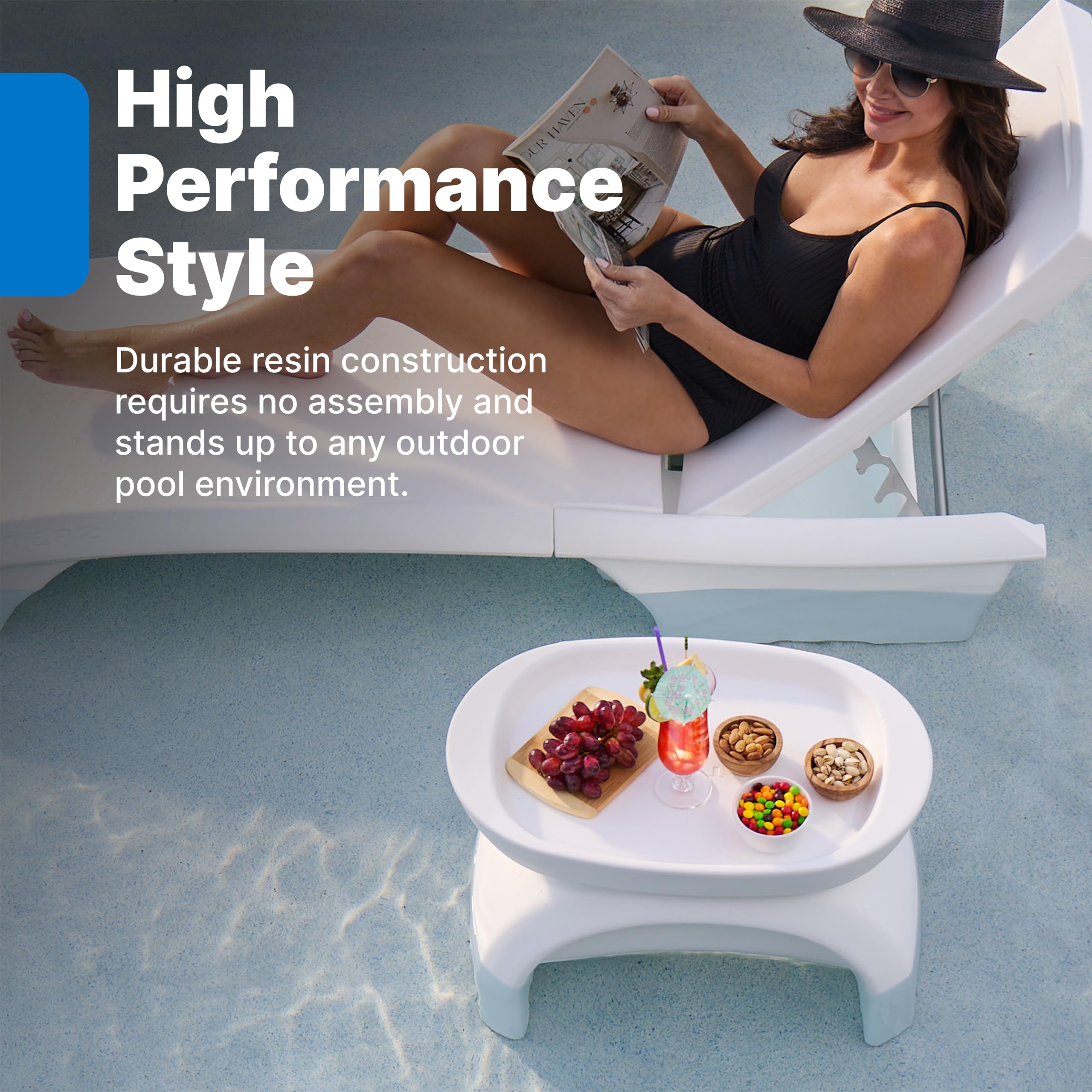 Step2 Vero Side Table with Waterproof Serving Tray, Outdoor/Indoor Patio Furniture, Use in Pools Up to 9" Water or Poolside Ledge, Made of Durable Plastic, Integrated Weight System, White