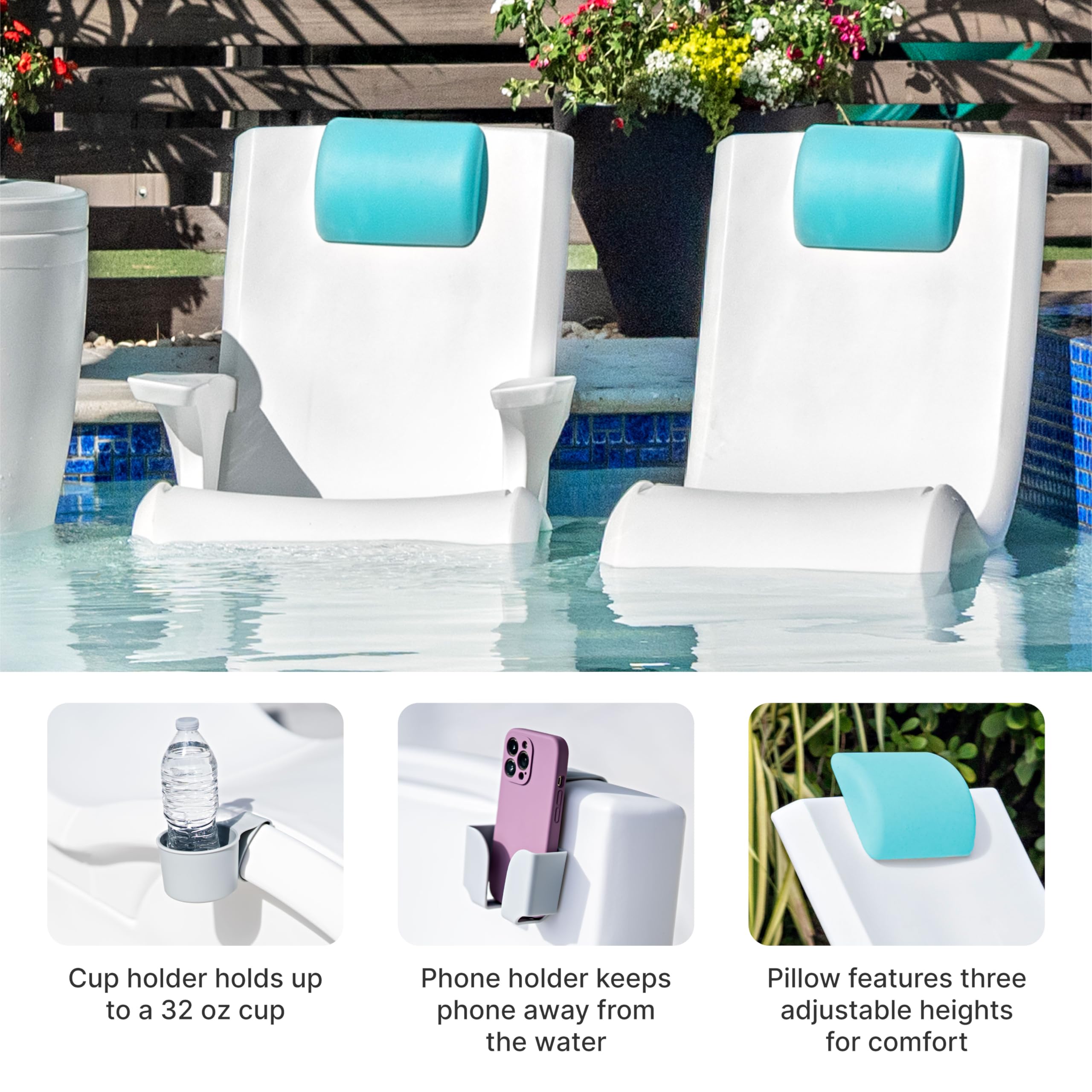 Step2 Pool Lounger Vero Accessories, Poolside Pillow, Cup Holder, Phone Holder, Compatible with Vero Collection, Waterproof, Indoor/Outdoor Use, Made of Durable Plastic, Blue