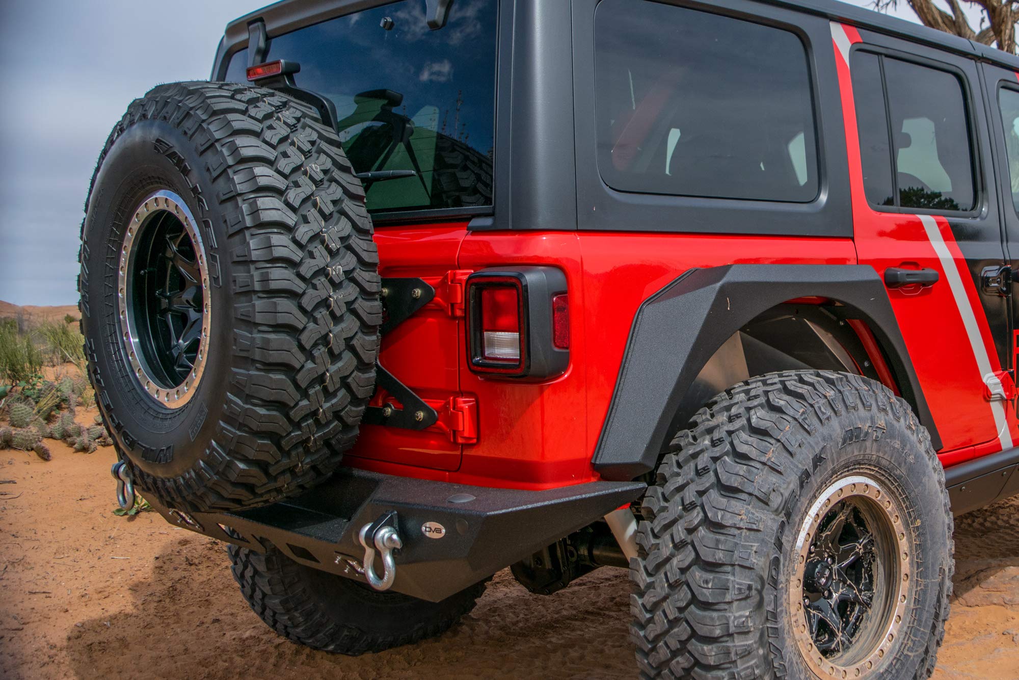 TCJL-01 | DV8 Offroad | Tire Carrier for 2018-Current Wrangler JL | Tailgate Mounted | Adjustable Tire Height | No Bumper Modifications Required | Relocated Factory Back Up Camera & 3rd Brake Light