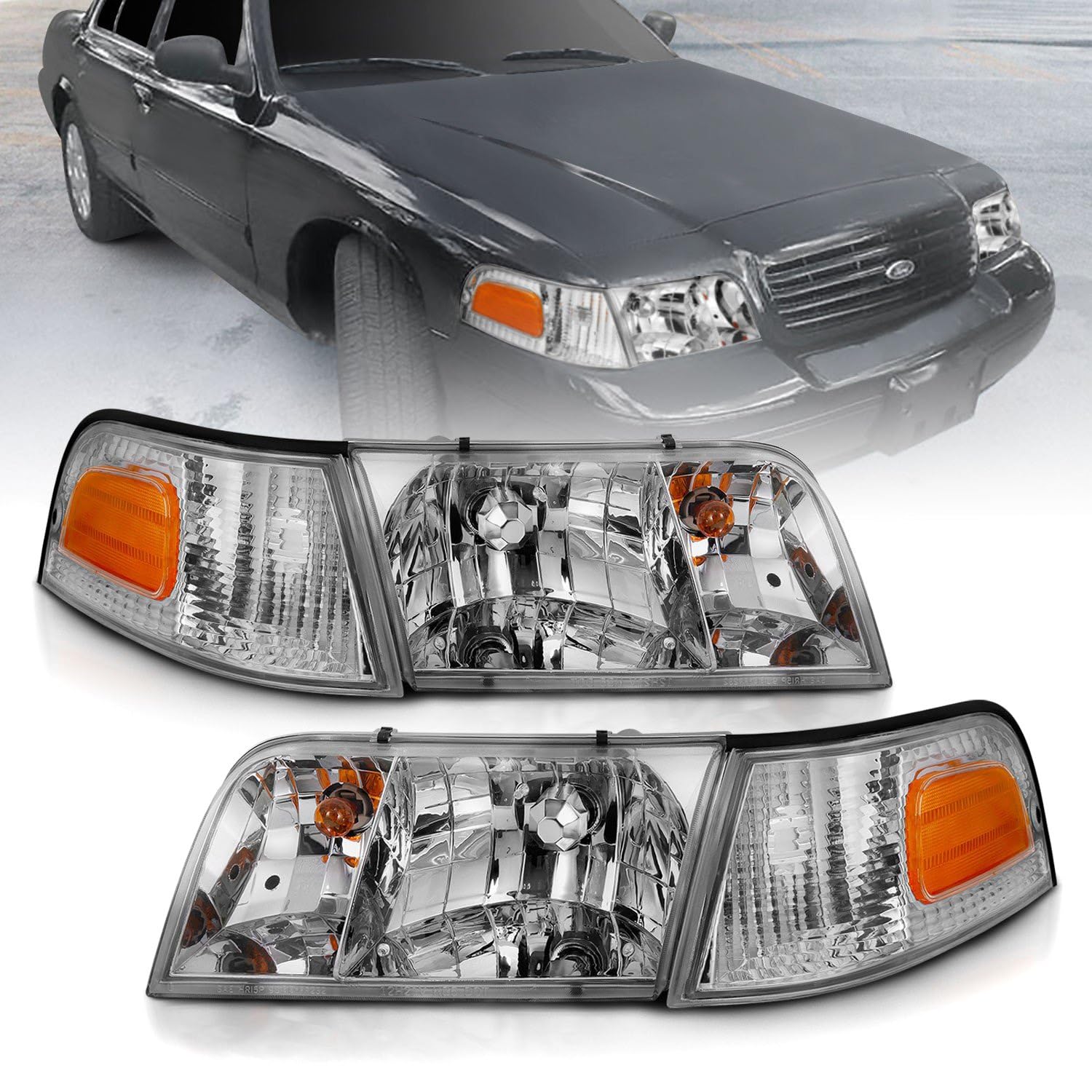 1998-2005 Ford Crown Victoria ANZO Crystal Headlight Chrome with Bumper Light (OE)