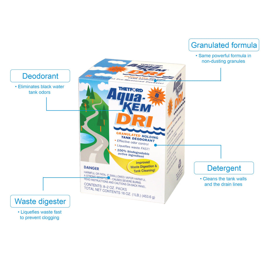 Aqua-Kem DRI Holding Tank Treatment - Waste Digester / Deodorant / Detergent - 8 x 2 oz. packets - Thetford 20720