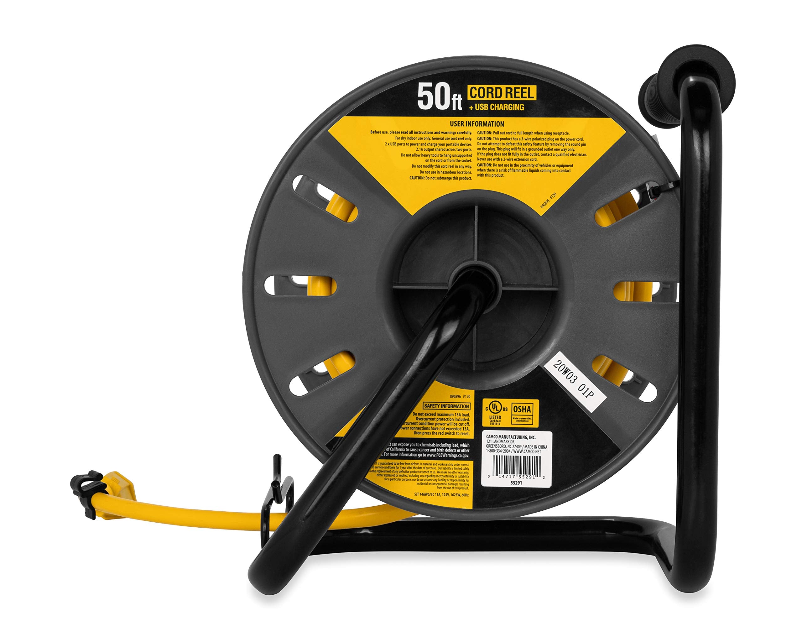 50-Ft Camco 13 Amp RV Extension Cord Reel - Rated for 125V / 1,625W - Features 4 125V Electrical Outlets & 2 USB Ports - Includes On/Off Switch & Built-in Circuit Breaker (55291)