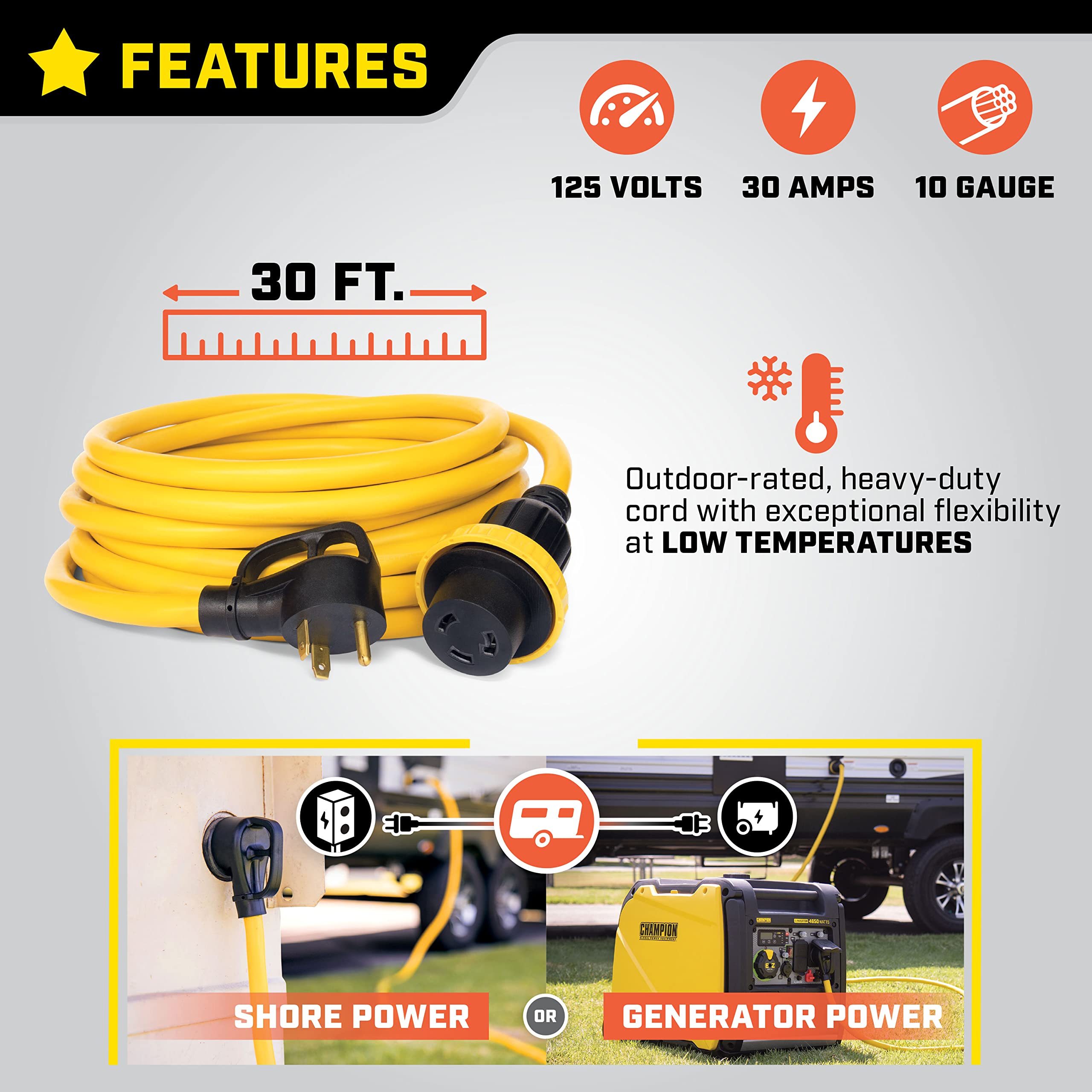 30-Foot Champion Power Equipment 30-Amp 125-Volt RV Generator Power Cord, (TT-30P to L5-30R)