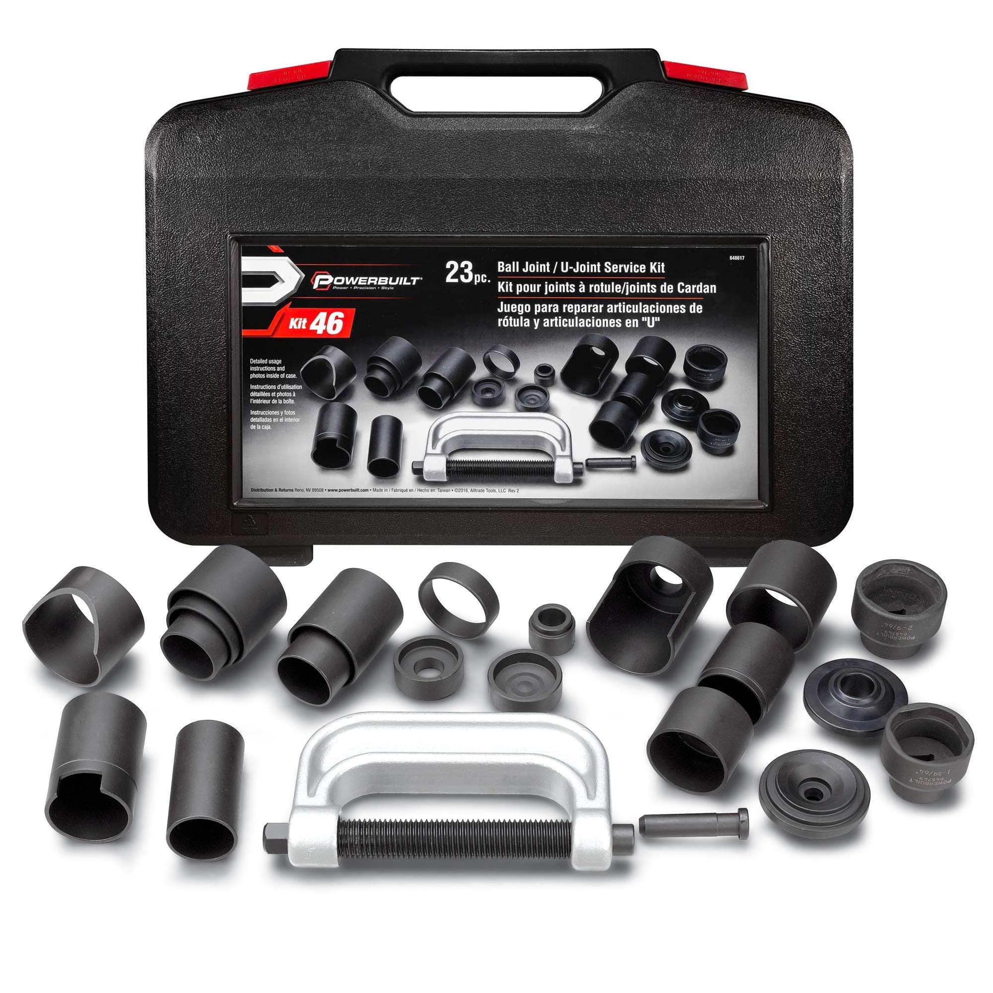 Powerbuilt Ball Joint and U Joint Service Set, 23 Piece Tool Kit, Remove and Install Ball Joints, Adapters, Receiving Tube, Sockets - 648617