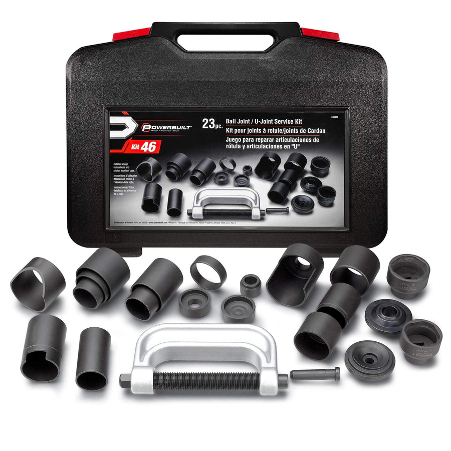 Powerbuilt Ball Joint and U Joint Service Set, 23 Piece Tool Kit, Remove and Install Ball Joints, Adapters, Receiving Tube, Sockets - 648617