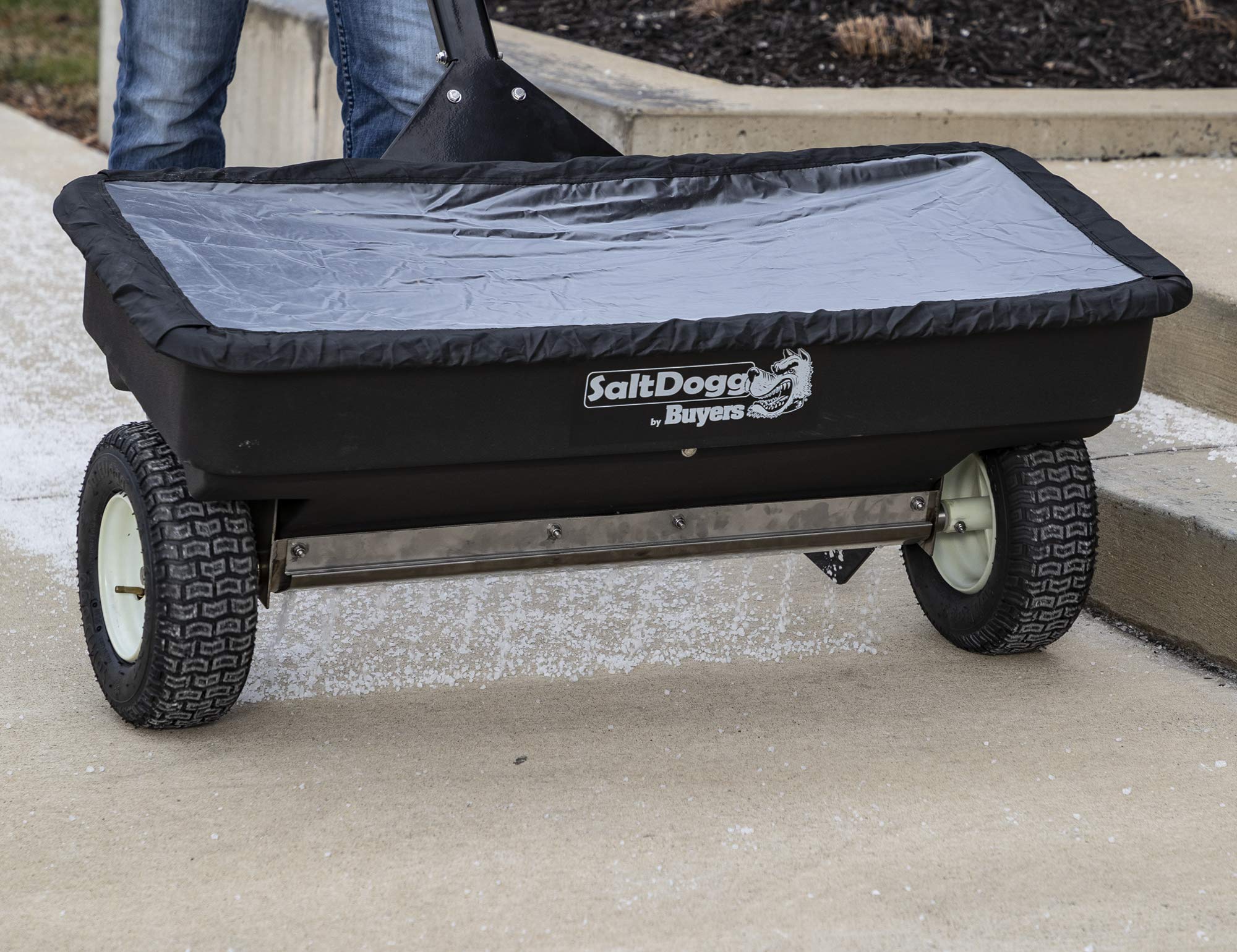 SaltDogg Buyers Products WB400 Walk-Behind Drop Spreader, 2.5 cu ft Poly Hopper (200 lb), Stainless Frame/Agitator, 44 in Path, 13 in Pneumatic Tires, Rain Cover & Screen, Made in USA