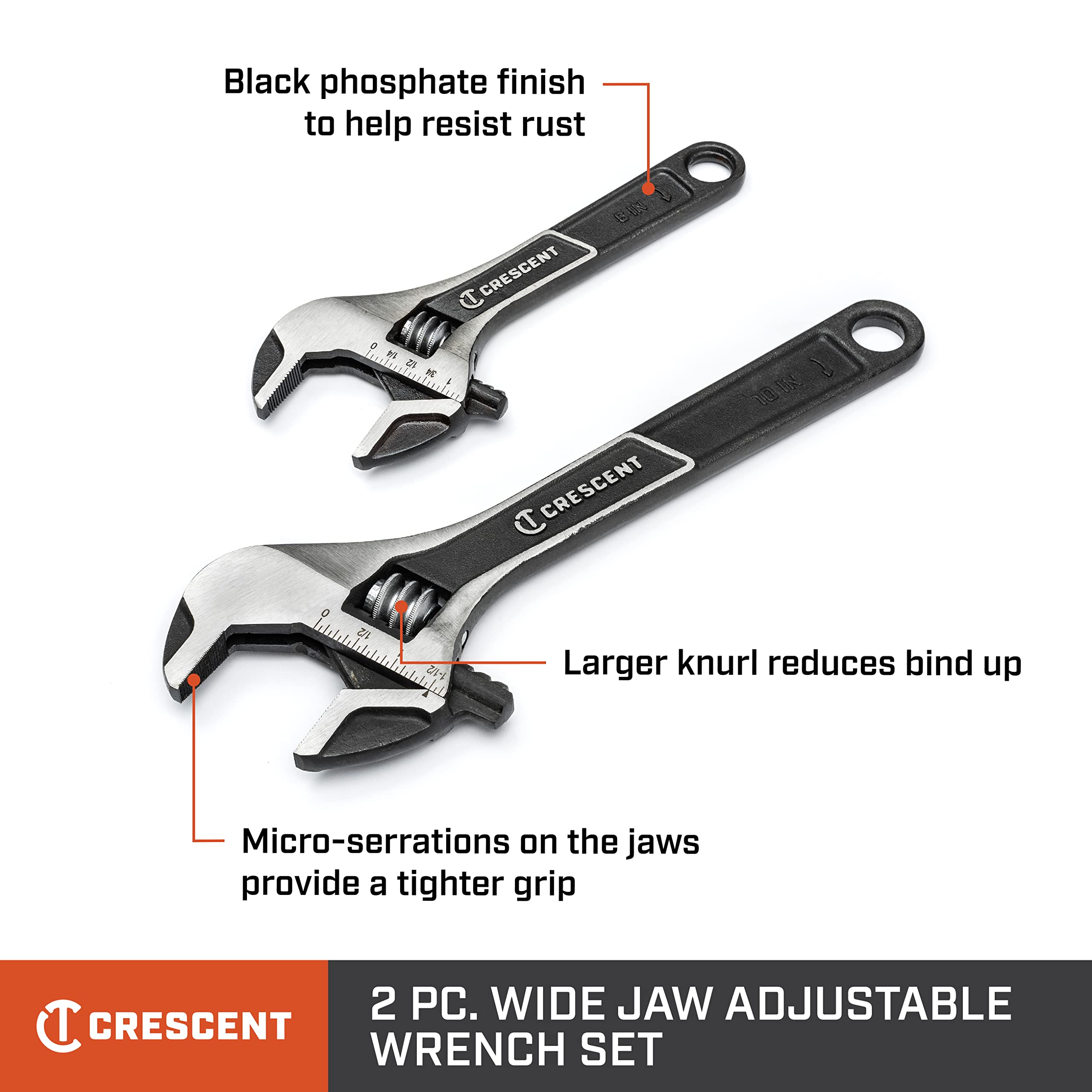 2 Piece Crescent Wide Jaw Adjustable Wrench Set | 6" & 10" | ATWJ2610VS