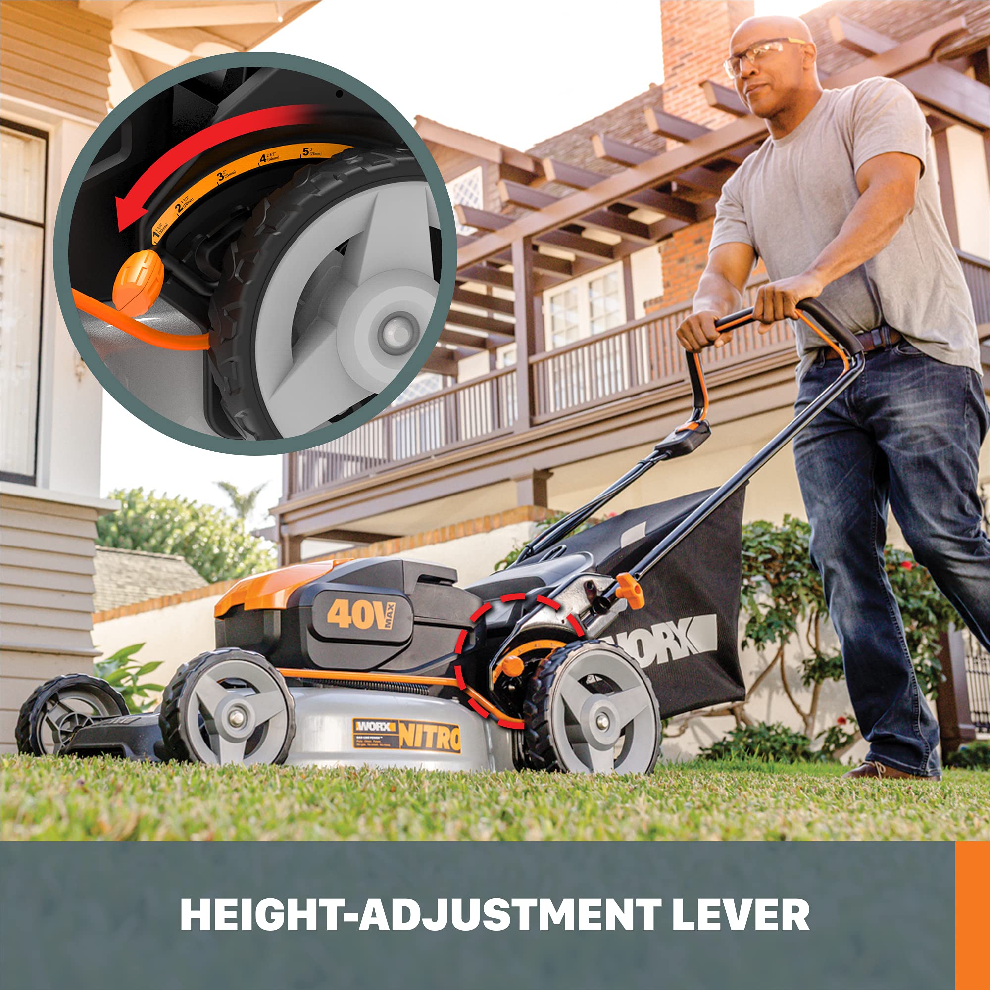 Worx 20" Cordless Lawn Mower Nitro, 3 in 1 Electric Mower with Collapsible Handle, Push Lawn Mower with 7-Position Height Adjustment, 2 Batteries & Charger Included, WG751.3