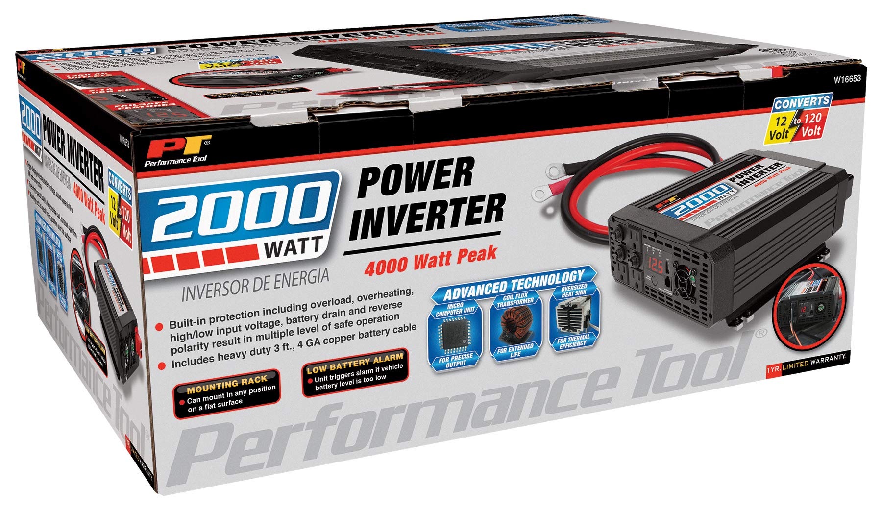 2000-Watt Performance Tool W16653 Power Inverter - Efficiently Power Your Electronics On-the-Go with this Portable Inverter