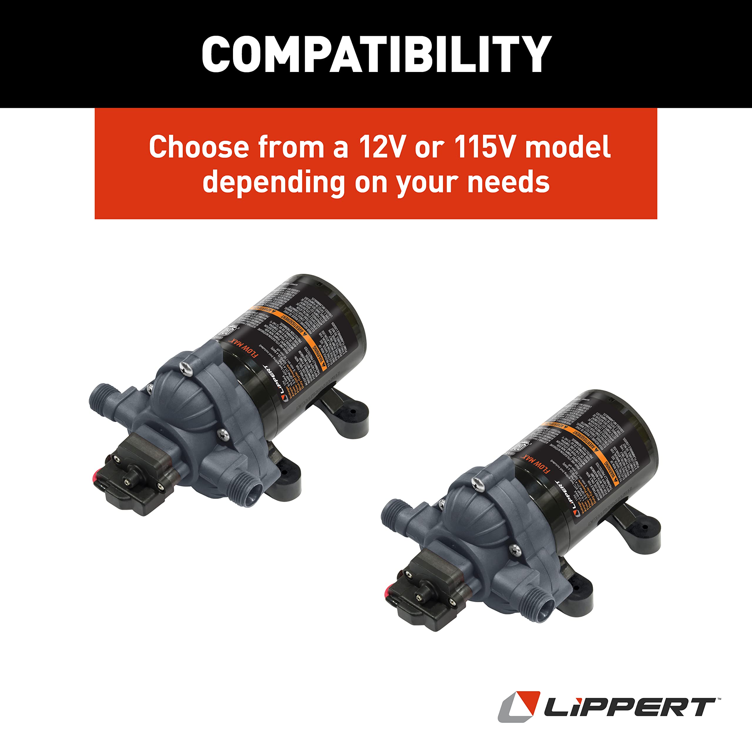 Flow Max Lippert Components 12V RV Water Pump, 3.0 GPM, 50 PSI, 9.5 Max Amp, Self-Priming, Screen Filter Included - 689052