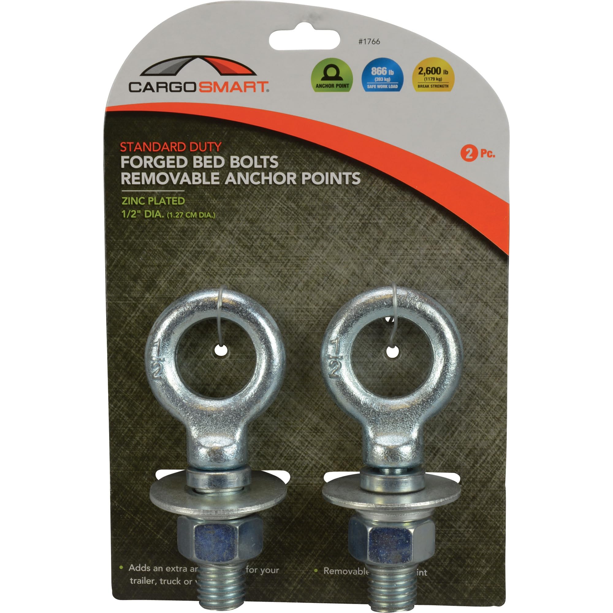 Forged Standard Duty Bed Bolts, 1/2" Eyelet Hole, 2,600 lb 2 Pk