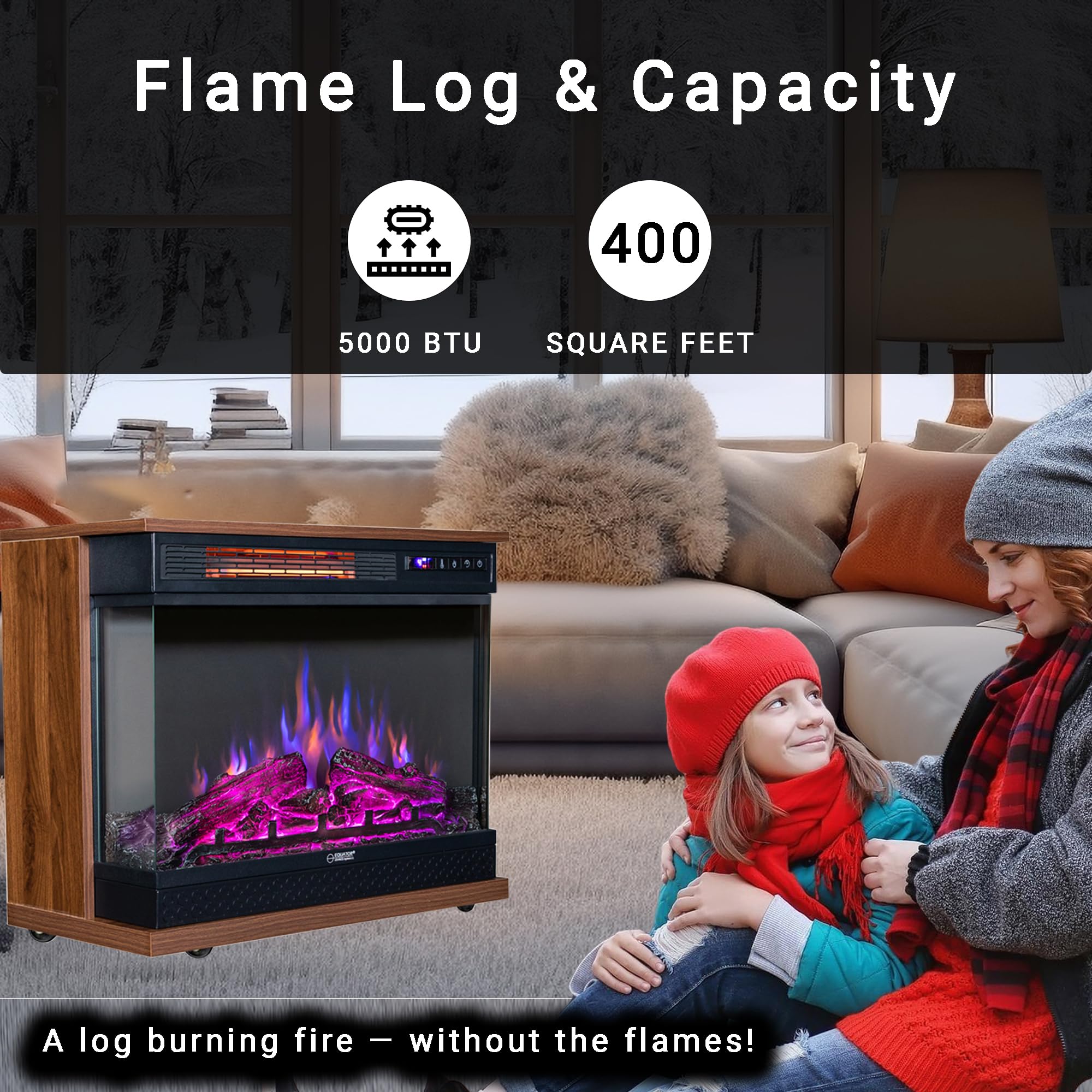 Equator 26" Electric Portable/Freestanding Fireplace in Walnut Brown w/Flame Log Effect Infrared Quartz