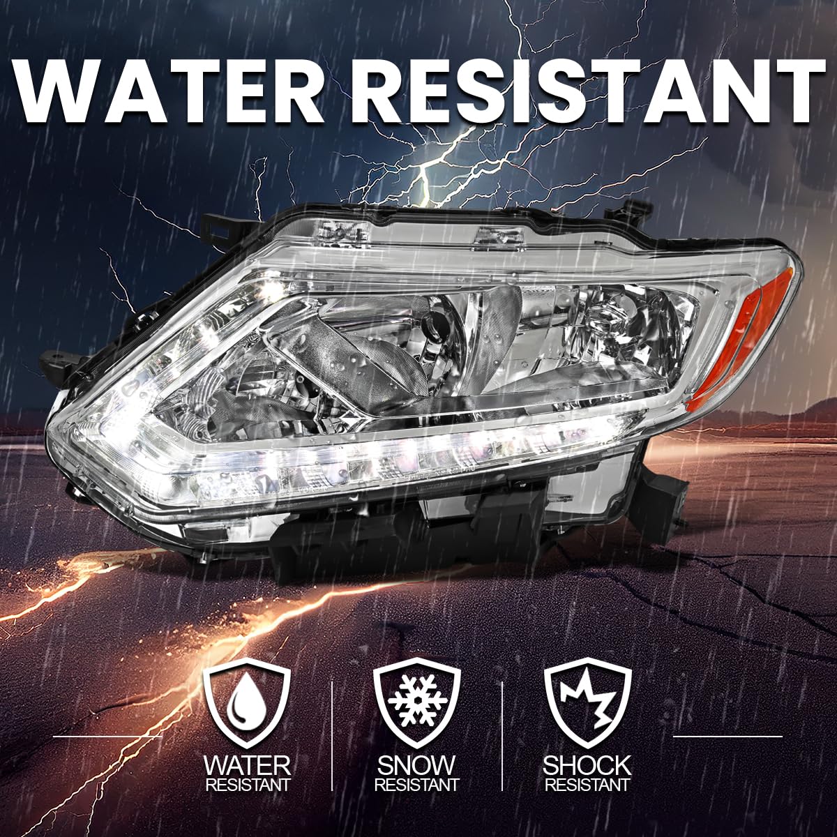 Chrome Headlights SPEC-D TUNING w/LED Strip Compatible with 2014-2016 Nissan Rogue, Left + Right Pair Headlamps Assembly