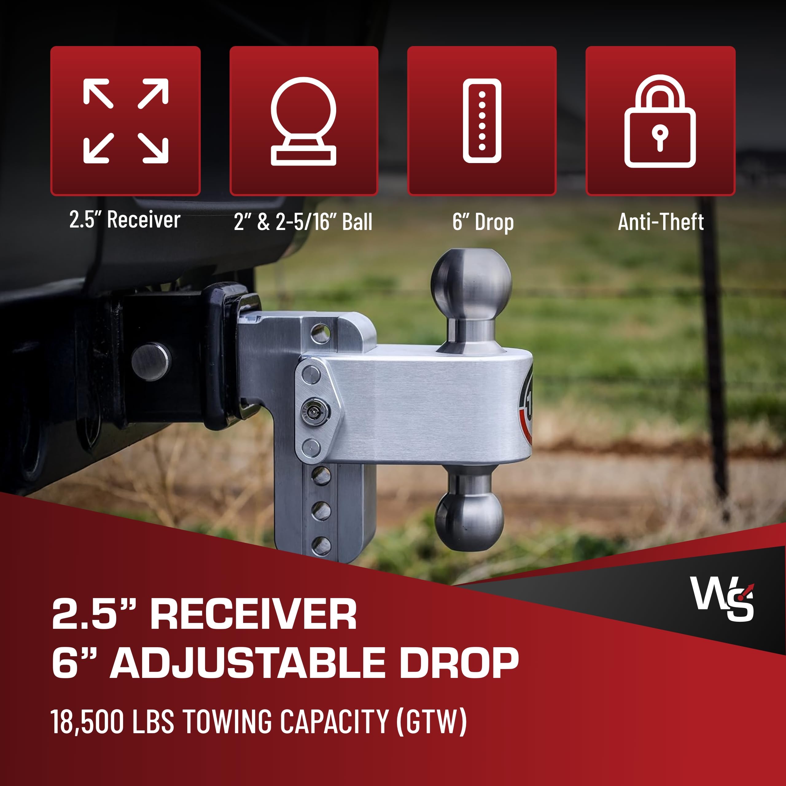 Weigh Safe Adjustable Hitch Trailer Ball Mount - 6" Adjustable Drop Hitch for 2.5" Receiver - Premium Heavy Duty Aluminum Trailer Tow Hitch w/ Stainless Steel Tow Balls (2" & 2 5/16") - 18,500 GTW