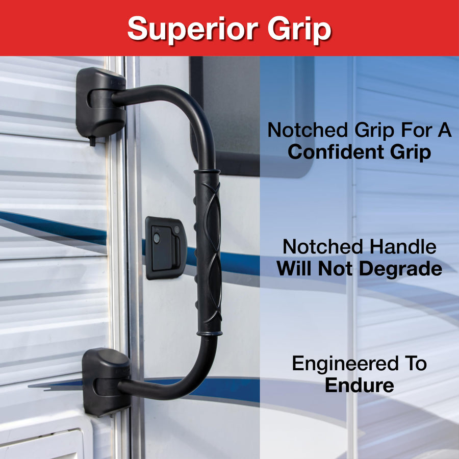 GripSafe RV Designer R222 Handrail Assist - Locking Folding Aluminum Grab Handle with Notched Grip - Safe Entry Assist for RV Door - Easy Installation, 22 Inch, Black