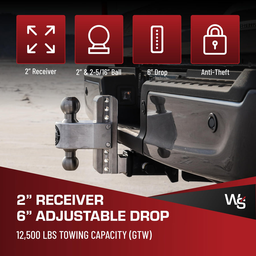 Weigh Safe Adjustable Trailer Hitch Ball Mount - 6" Hitch Adjustable Drop for 2" Receiver - Premium Heavy Duty Aluminum Trailer Tow Hitch w/ Stainless Steel Tow Balls (2" & 2 5/16") - 12,500 lbs GTW