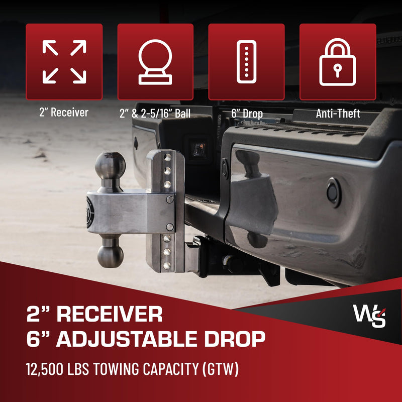 Weigh Safe Adjustable Trailer Hitch Ball Mount - 6" Hitch Adjustable Drop for 2" Receiver - Premium Heavy Duty Aluminum Trailer Tow Hitch w/ Stainless Steel Tow Balls (2" & 2 5/16") - 12,500 lbs GTW