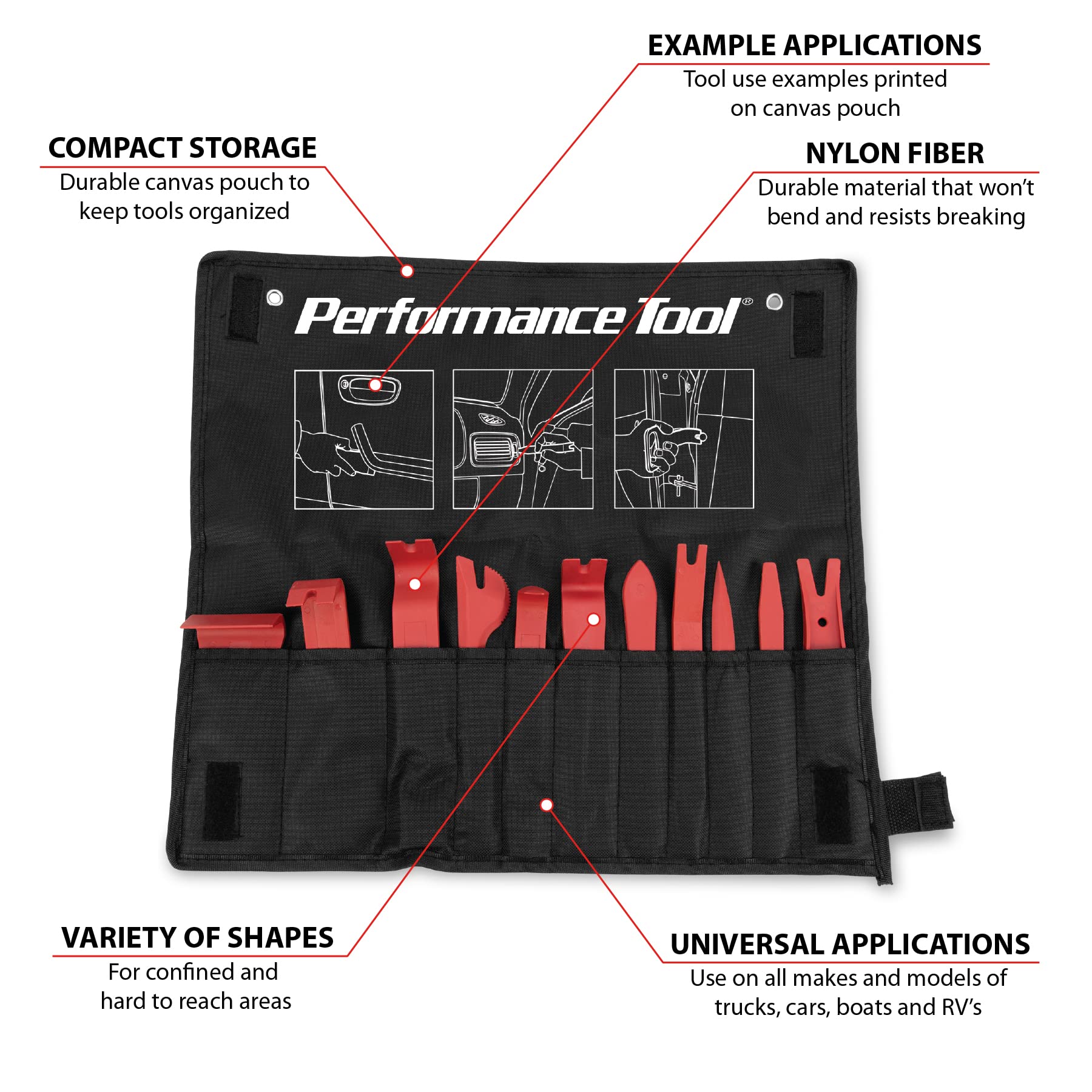 W80643 Performance Tool 11Pc Trim Removal Tool Set - Car Pry Tool Kit for Easy Car Panel, Door, and Audio Trim Removal