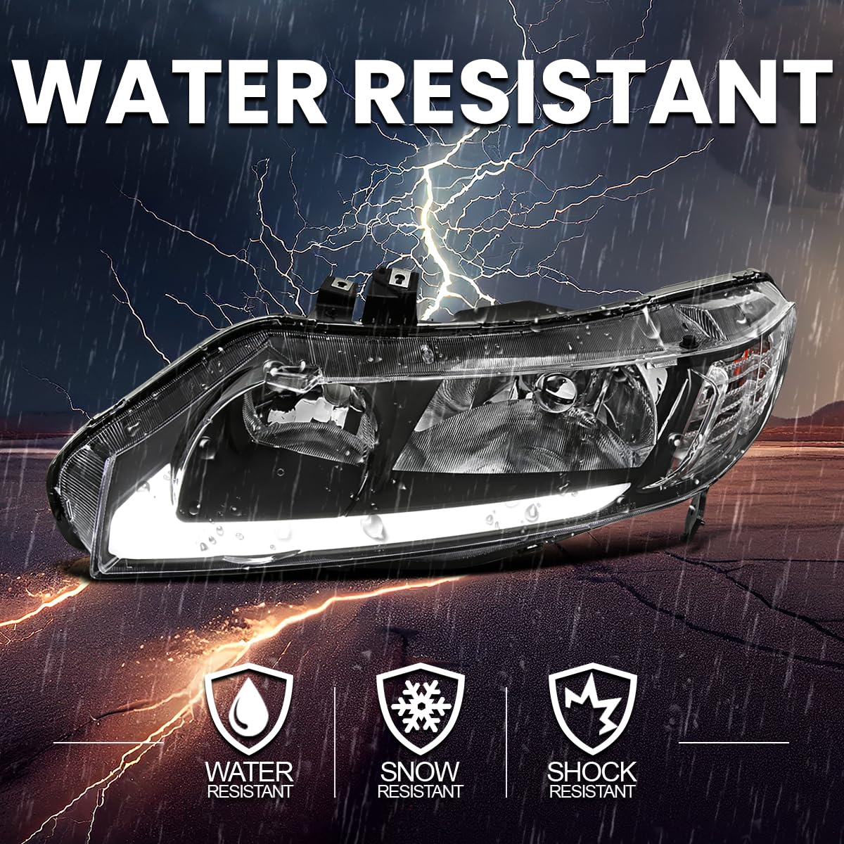 Black LED DRL Headlights SPEC-D TUNING Compatible with 2006-2011 Honda Civic Sedan 4DR Left + Right Head Lights Assembly