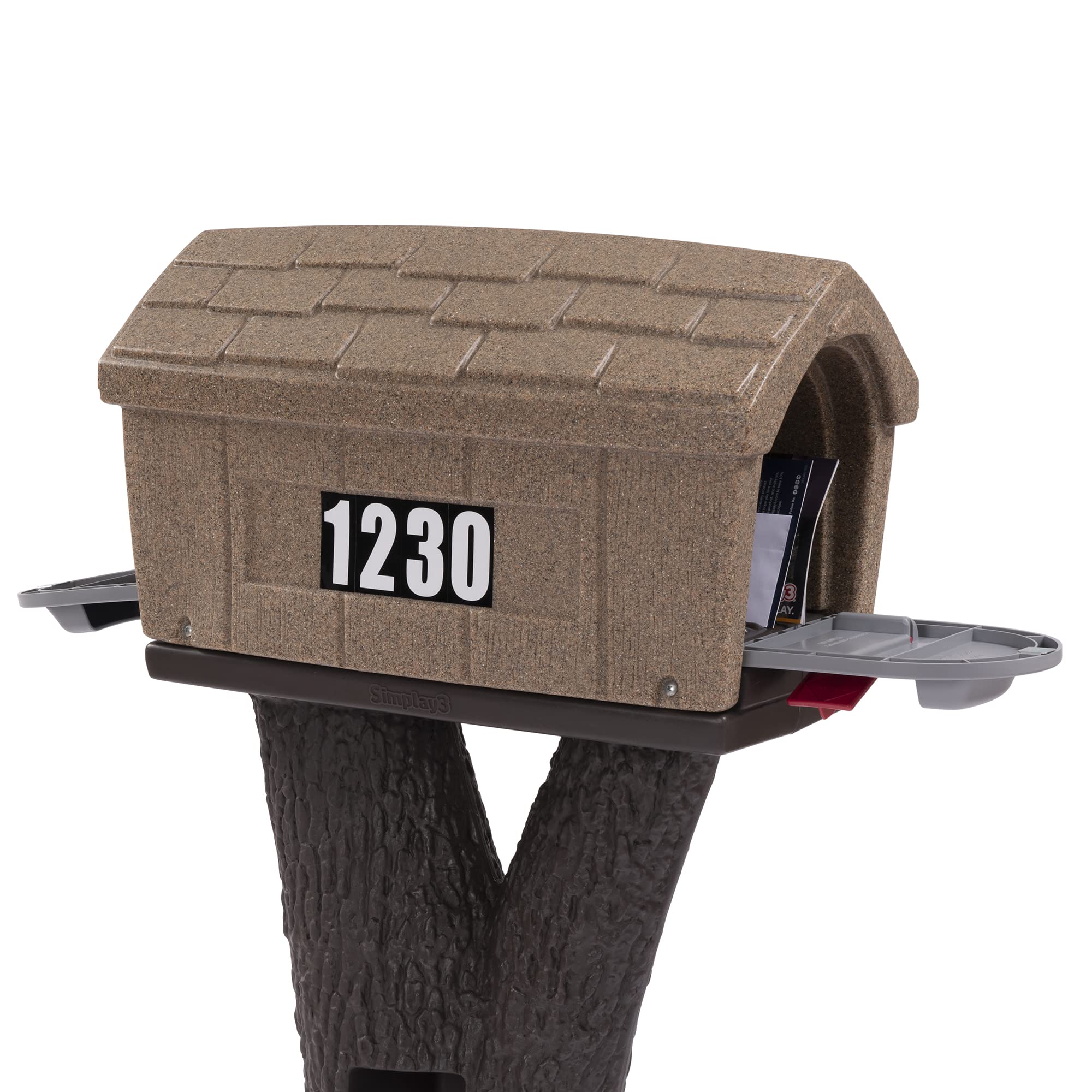 Simplay3 Cabin Rustic Home Plastic Residential Mailbox & Post Mount Combo Kit with 2 Access Doors - Sandstone, Made in USA