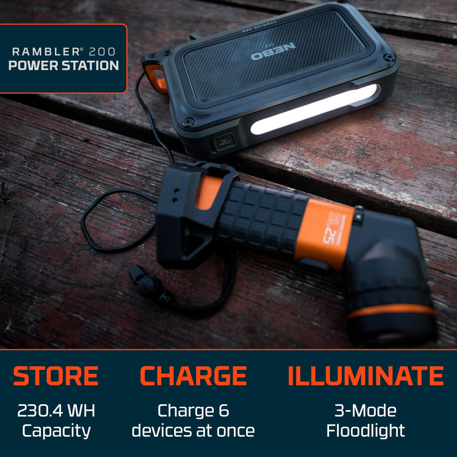 Rambler 200 NEBO Portable Power Station | 230.4Wh Capacity, 6-Way Output Charging, 200W AC Port Integration includes Power Inverter, 2.5 Hour Battery Recharge, Compact Design, Built-In Floodlight