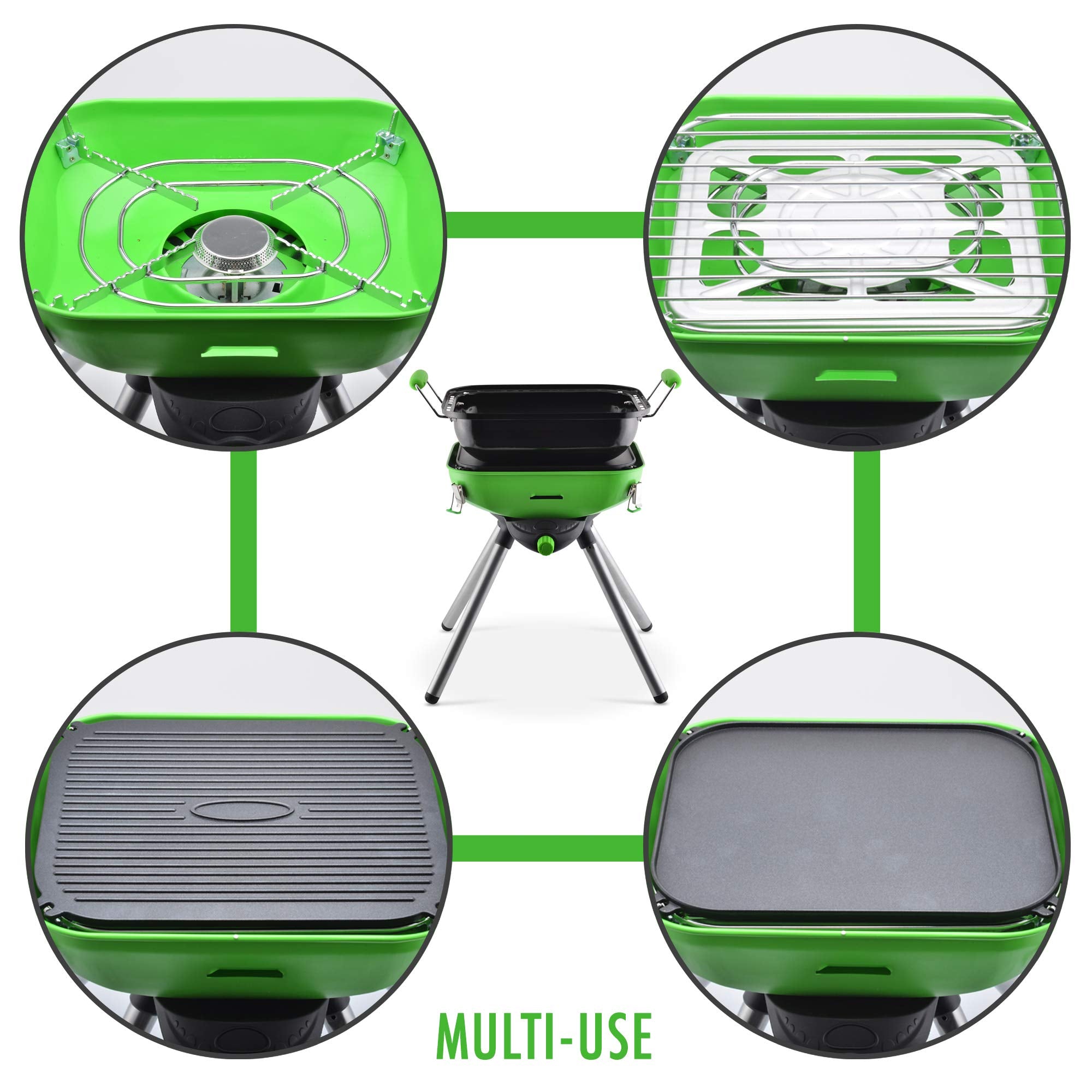 Flame King Multi-Function YSNVT-301 Portable Propane BBQ Grill Camp Stove, 8000 BTU 9.5 x 12 Inch Cooking Surface, Light Green/Black