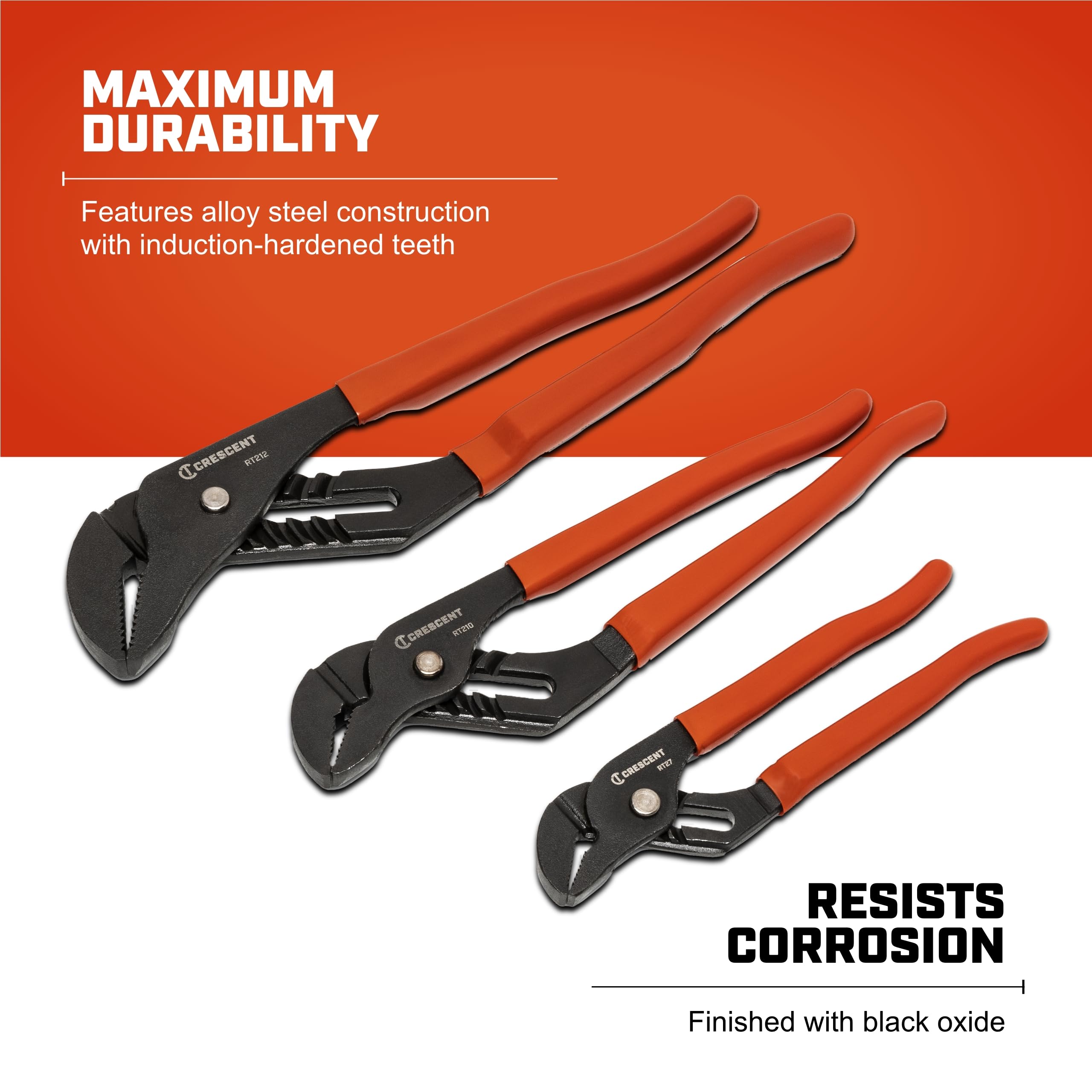 Crescent 3-Piece Dipped Handle Straight Jaw Tongue & Groove Plier Set - Premium Tool Set - Hand Tool with Black Phosphate Finish & Self-Locking Jaw - RT200SET3-05