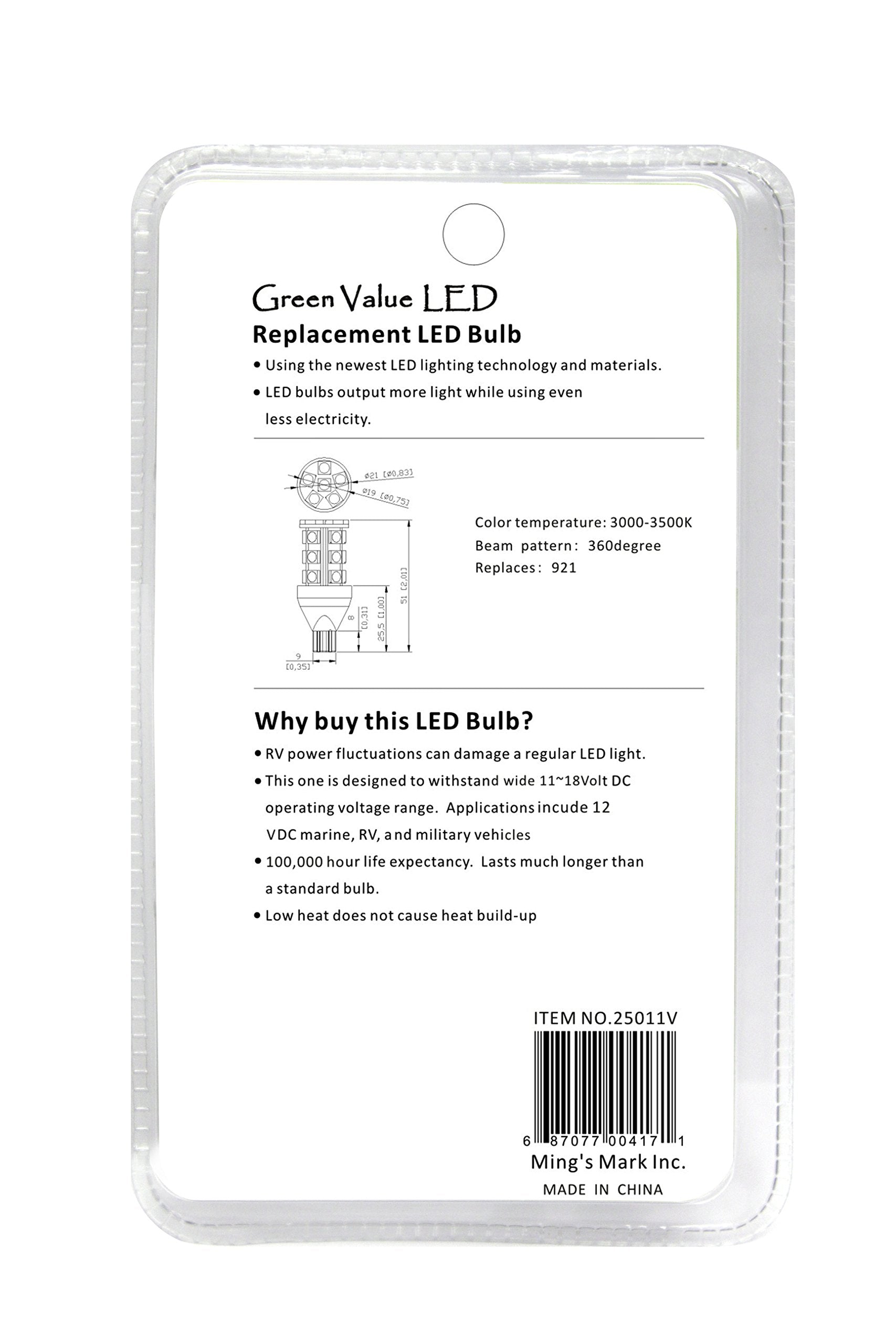 LED Green Value 25011V Warm White 6-Pack Replacement RV/Auto/Marine Light Bulb Base Tower (921 Base, 250 Lumens)