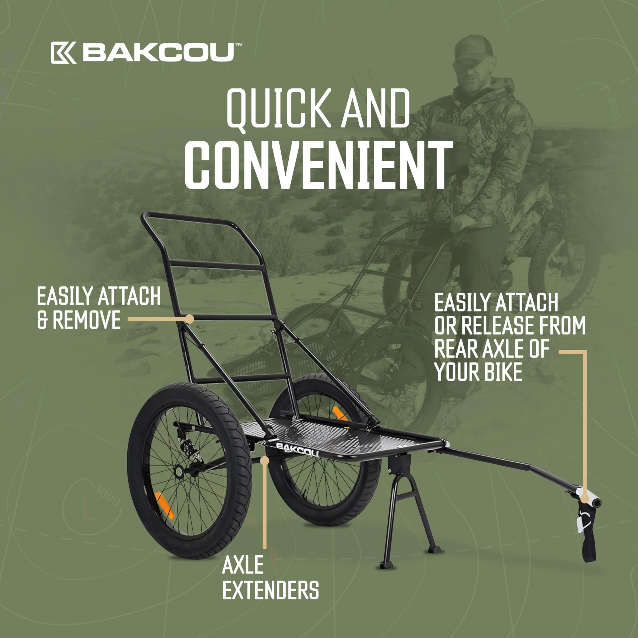Folding Utility eBike Trailer - Bakcou Hitch Attachment, Axle Extenders, 16x3 Fat Tires, Heavy-Duty Cargo Storage Cart with Canvas Liner