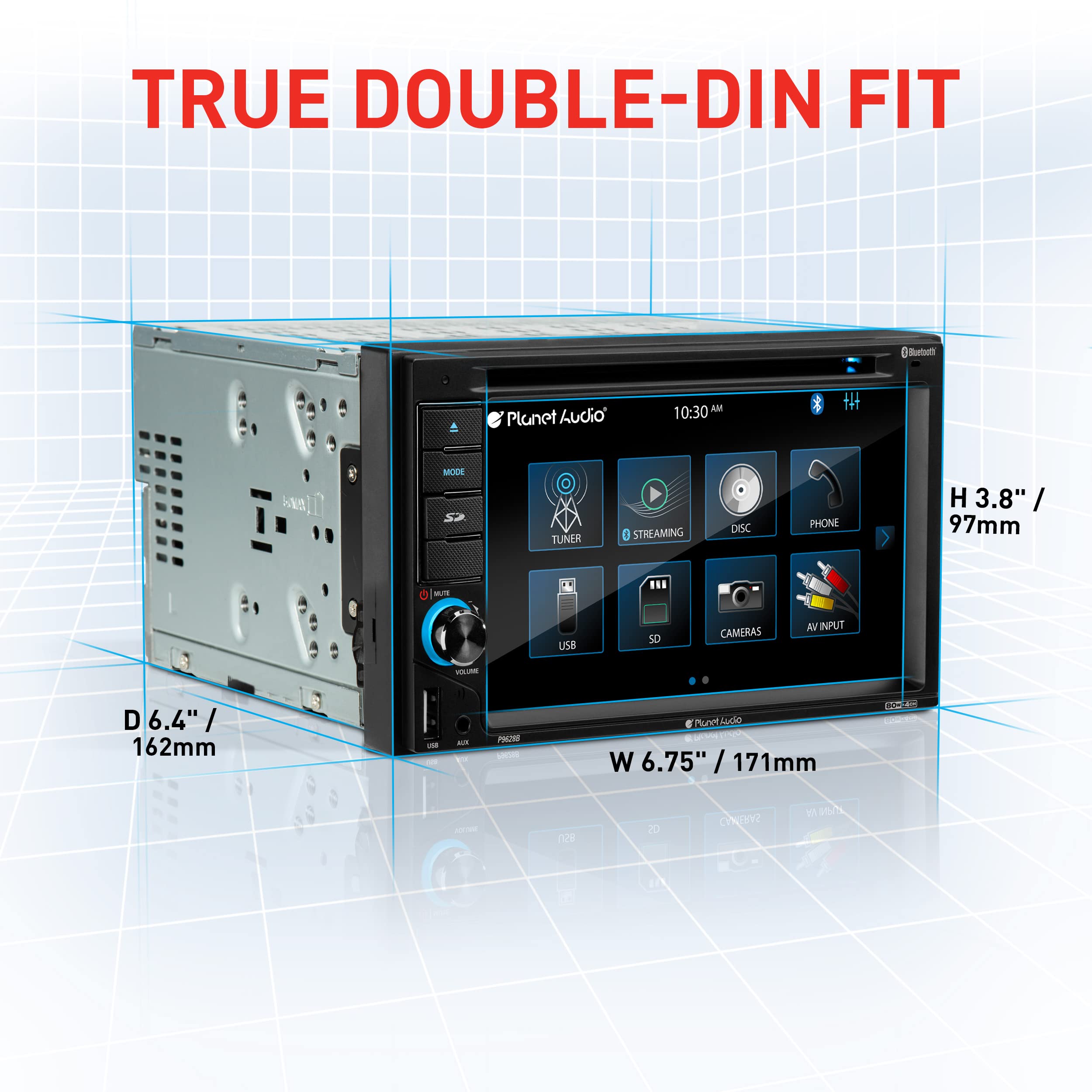 Car Stereo System Planet Audio P9628B - 6.2 Inch Double Din, Touchscreen, Bluetooth Audio and Calling Head Unit, MP3, CD Player, DVD, USB, SD, AUX in, AM/FM Radio Receiver, Hook Up to Amplifier